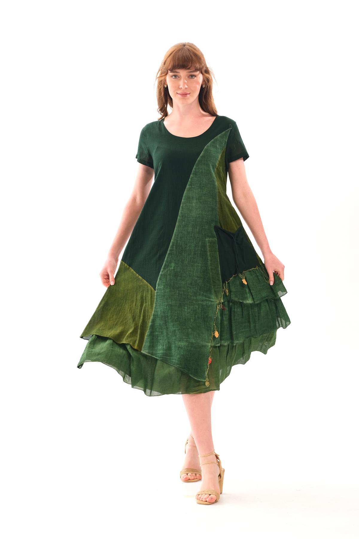 1040 Asimetrik Renkli Kısa Kol Otantik Elbise