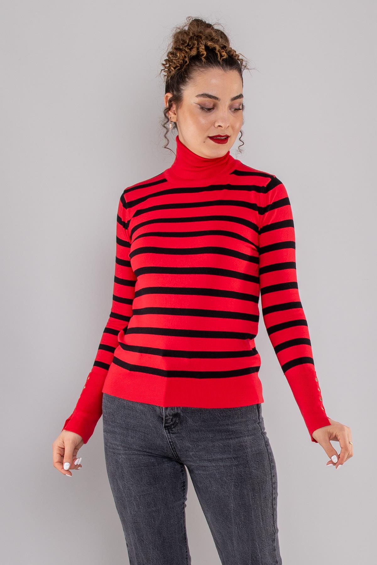 10432 Balıkçı Yaka Çizgili Droplu Triko Kazak