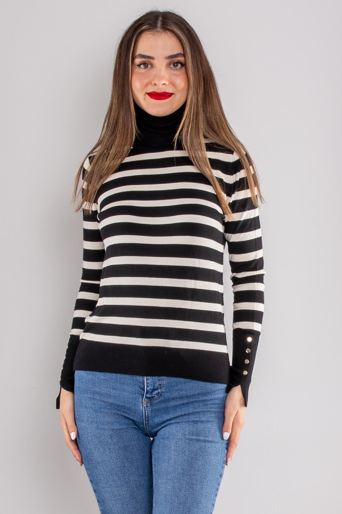 10432 Balıkçı Yaka Çizgili Droplu Triko Kazak