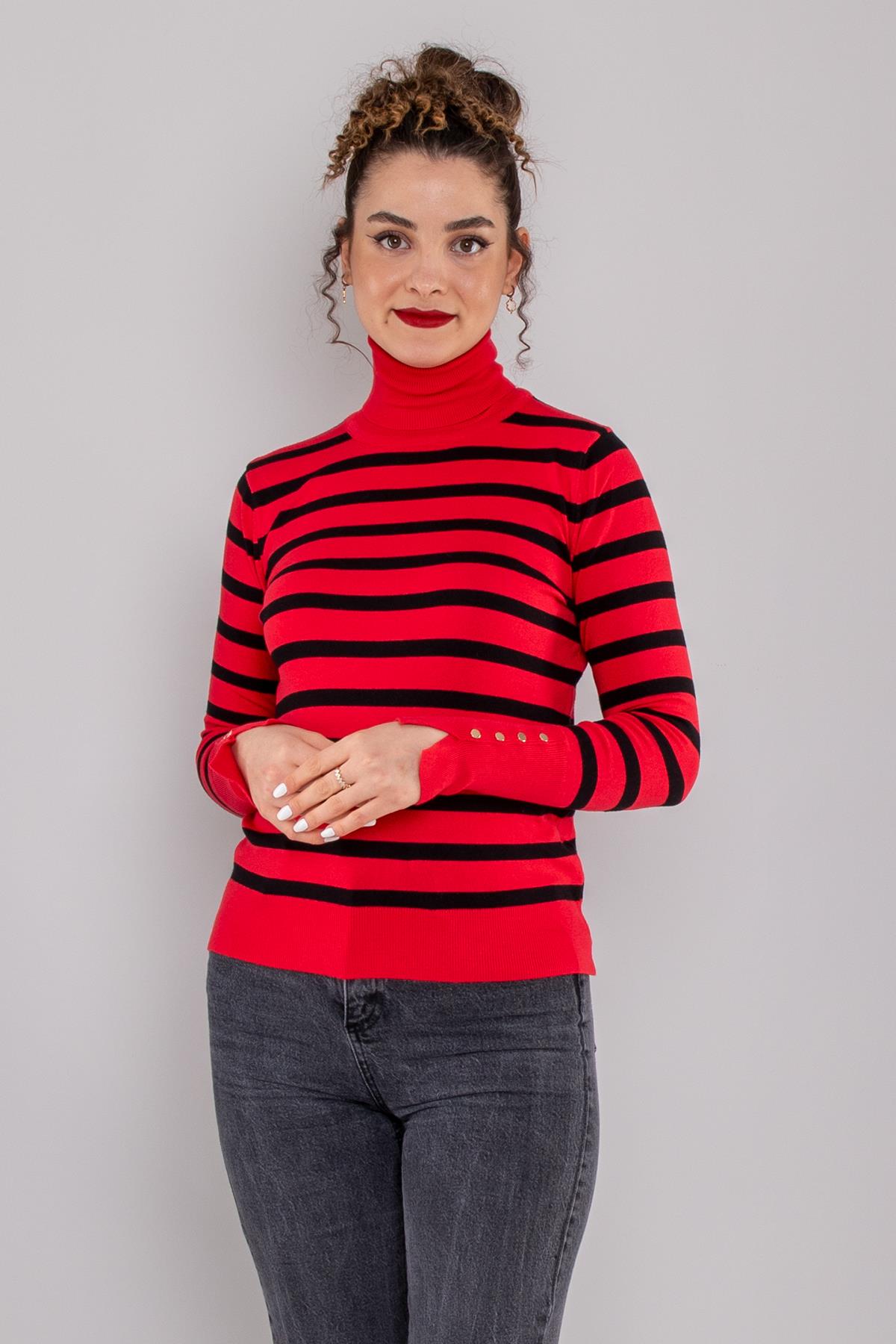 10432 Balıkçı Yaka Çizgili Droplu Triko Kazak