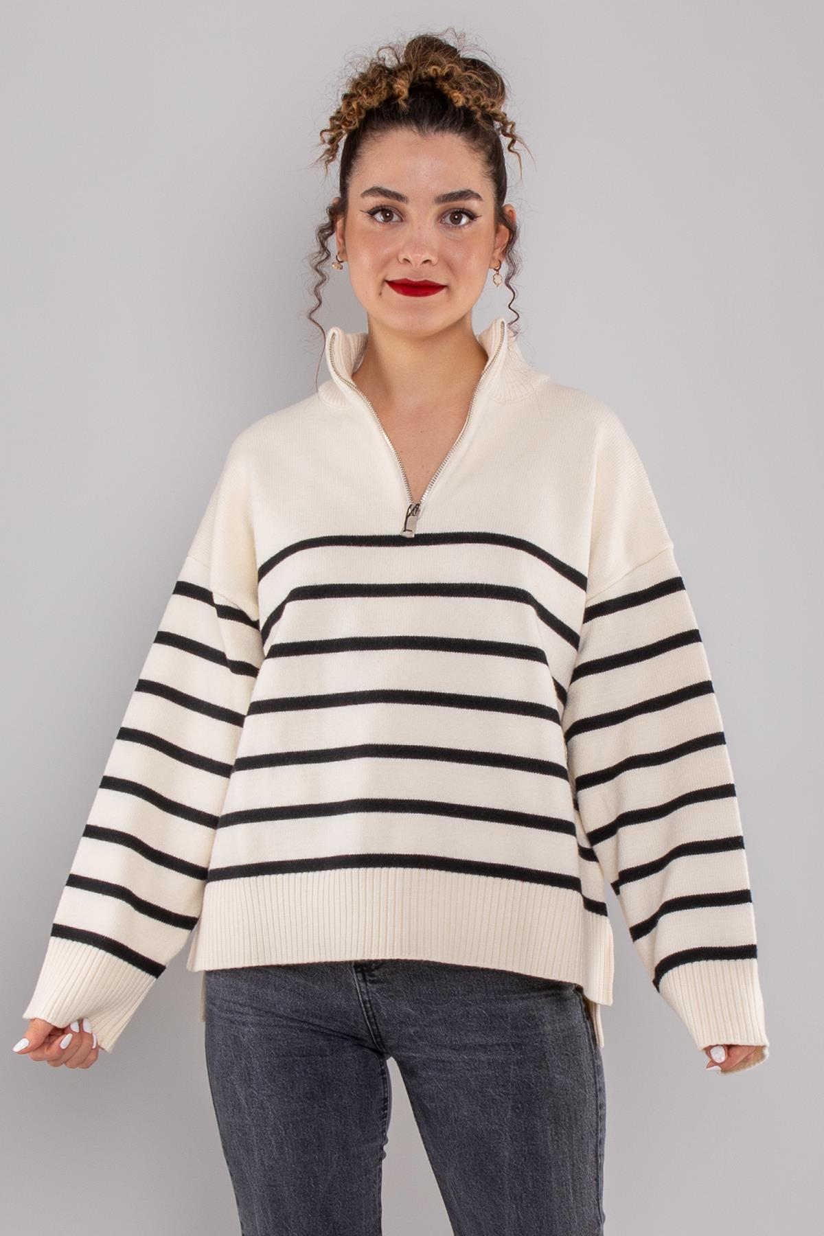 10436 Yarım Balıkçı Fermuarlı Çizgili Viscon Kazak