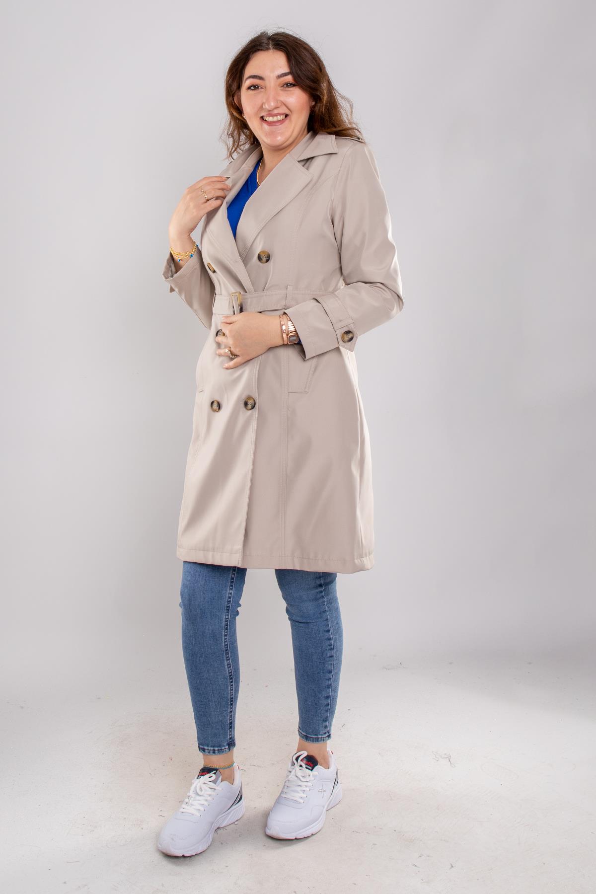 1046 Kuşaklı Düğmeli Midiboy Apolet Detaylı Trençkot