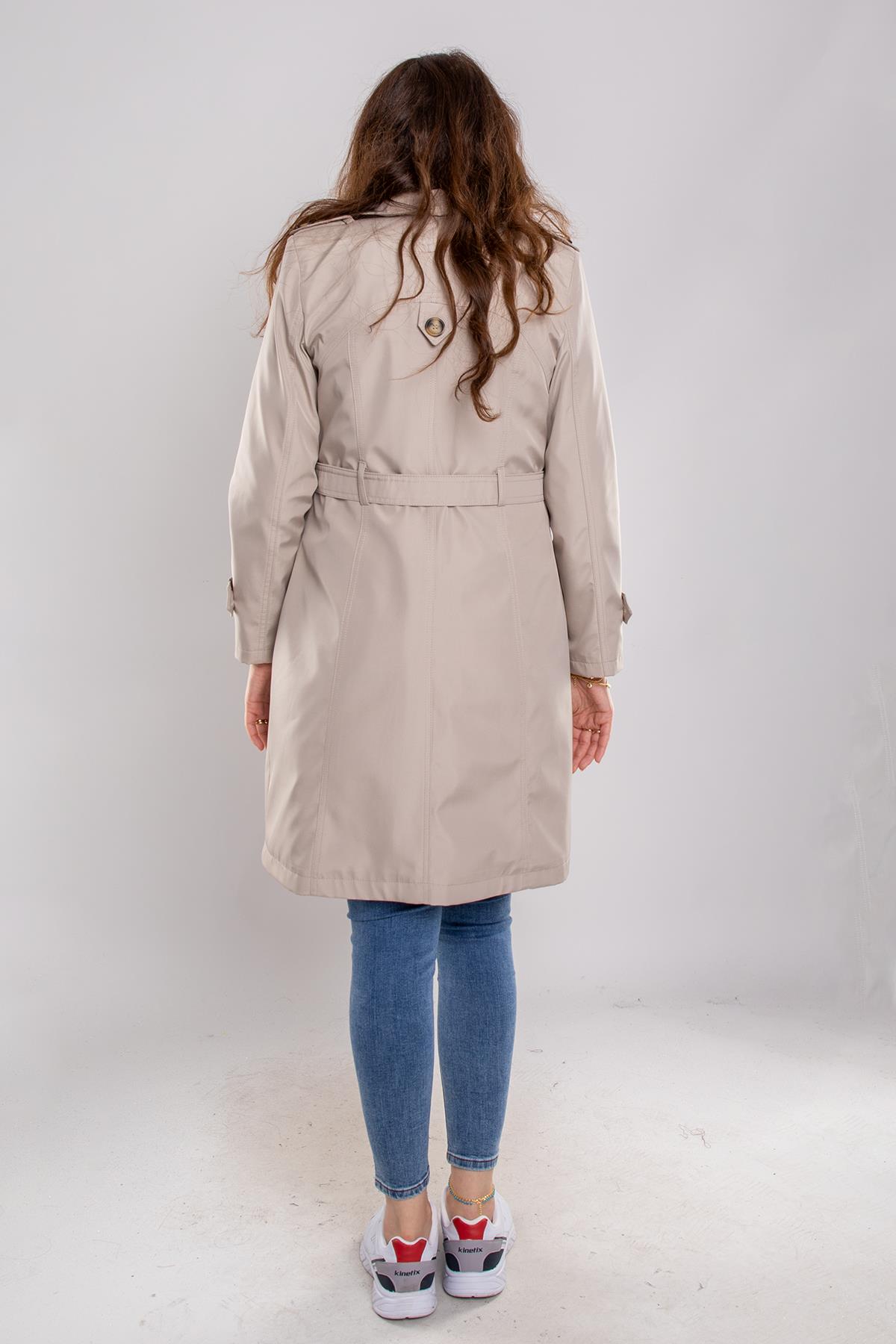 1046 Kuşaklı Düğmeli Midiboy Apolet Detaylı Trençkot