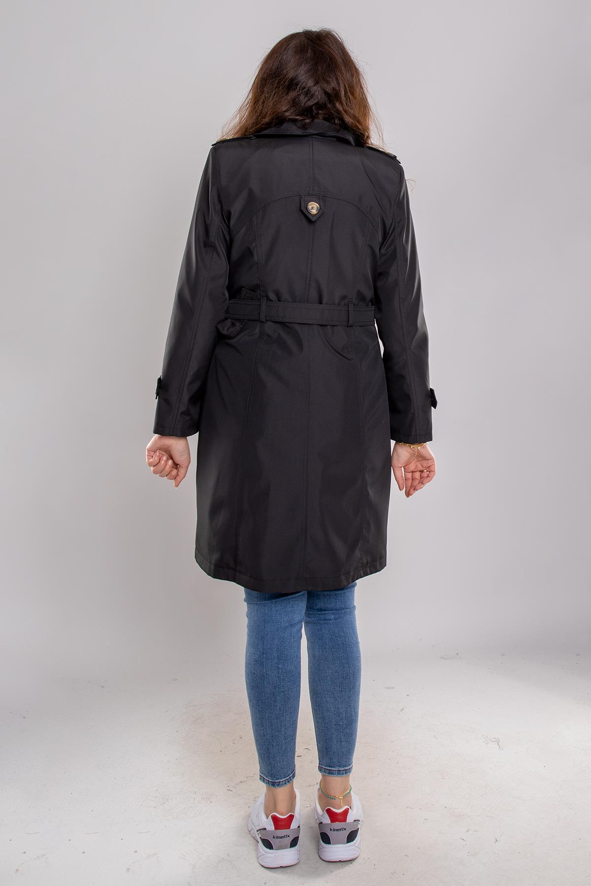 1046 Kuşaklı Düğmeli Midiboy Apolet Detaylı Trençkot