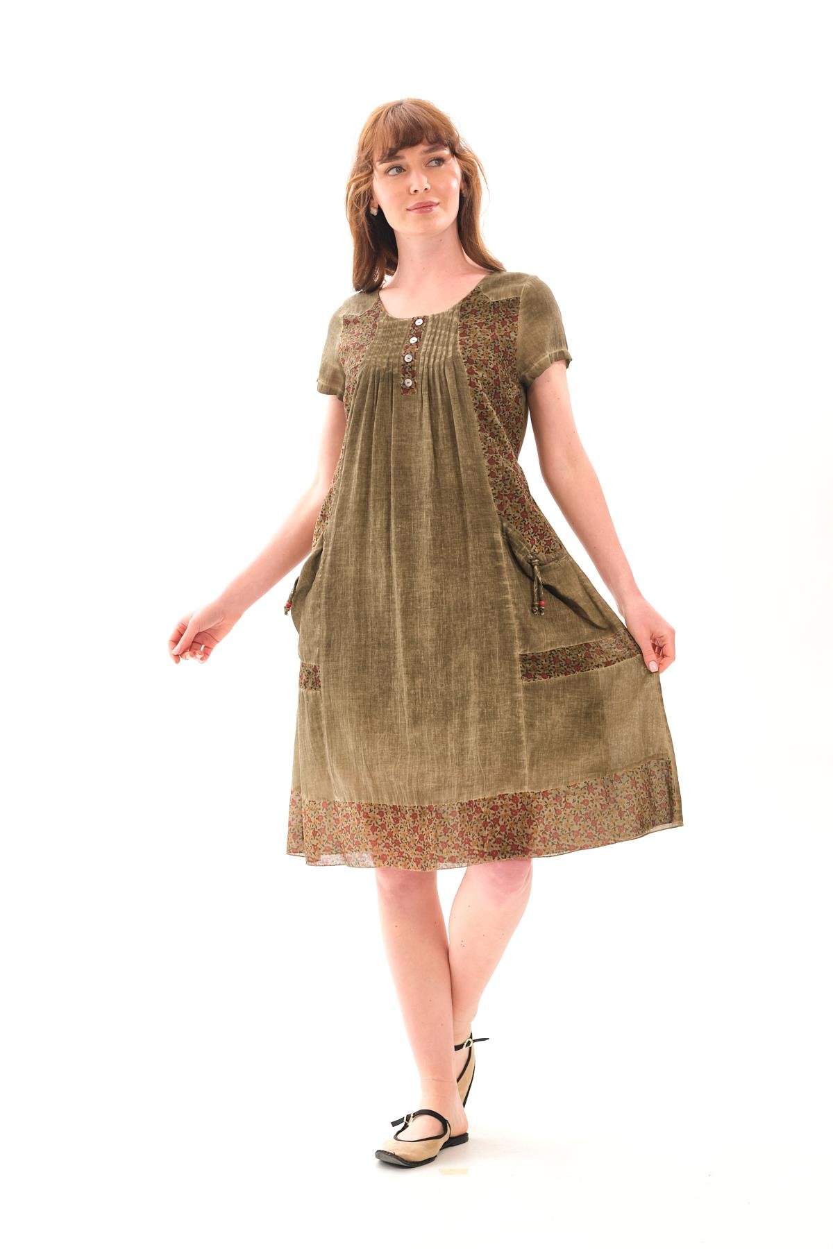 1047 Kısa Kol Cepli Yaka Büzgülü Pamuk Otantik Elbise