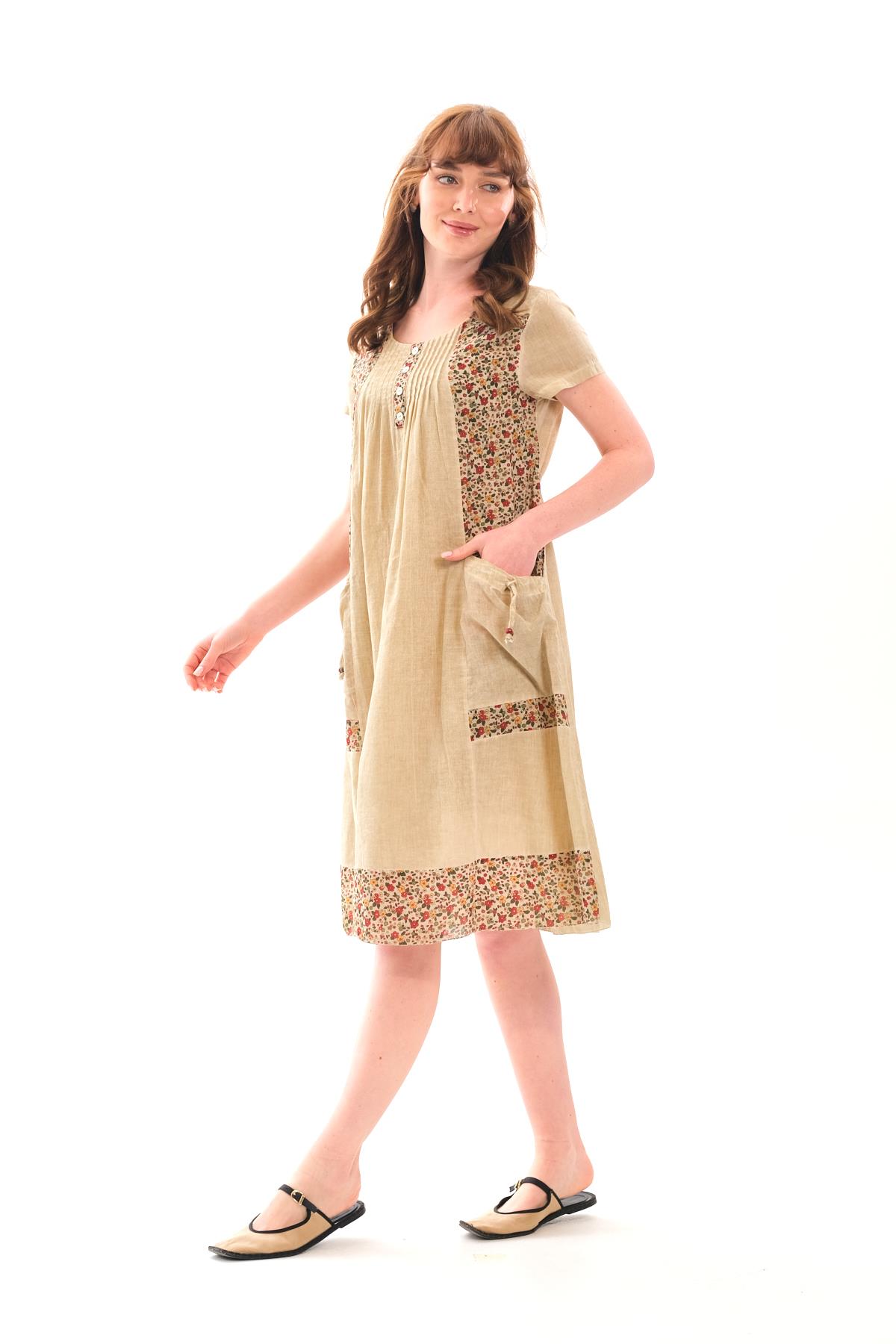 1047 Kısa Kol Cepli Yaka Büzgülü Pamuk Otantik Elbise