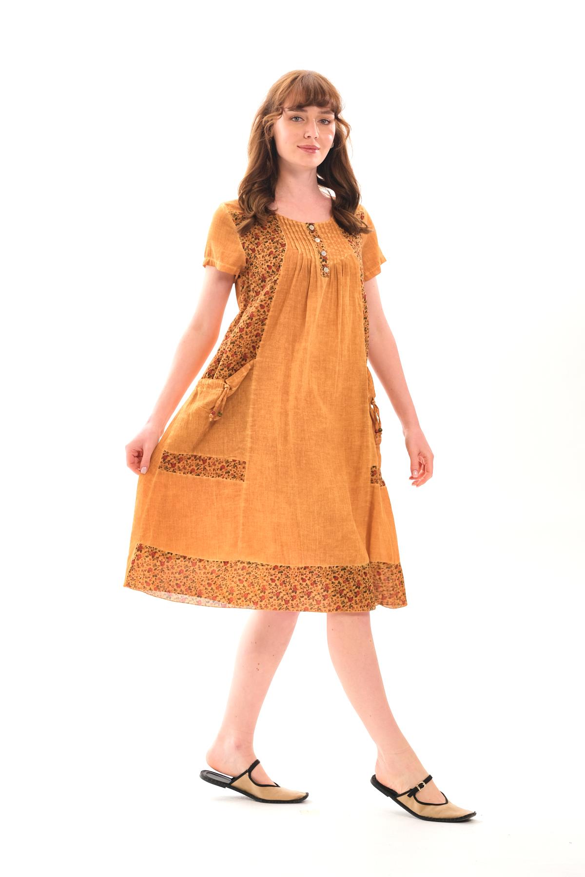 1047 Kısa Kol Cepli Yaka Büzgülü Pamuk Otantik Elbise