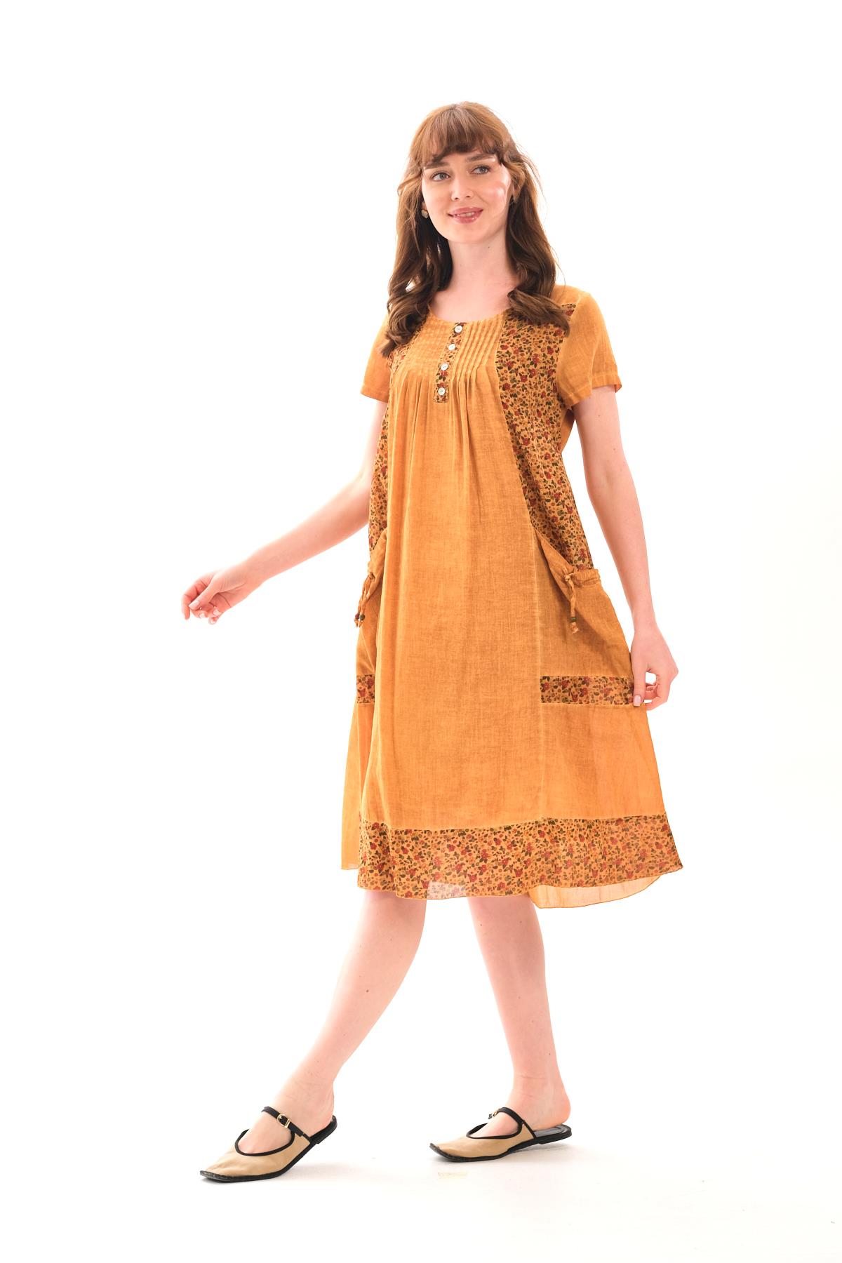 1047 Kısa Kol Cepli Yaka Büzgülü Pamuk Otantik Elbise