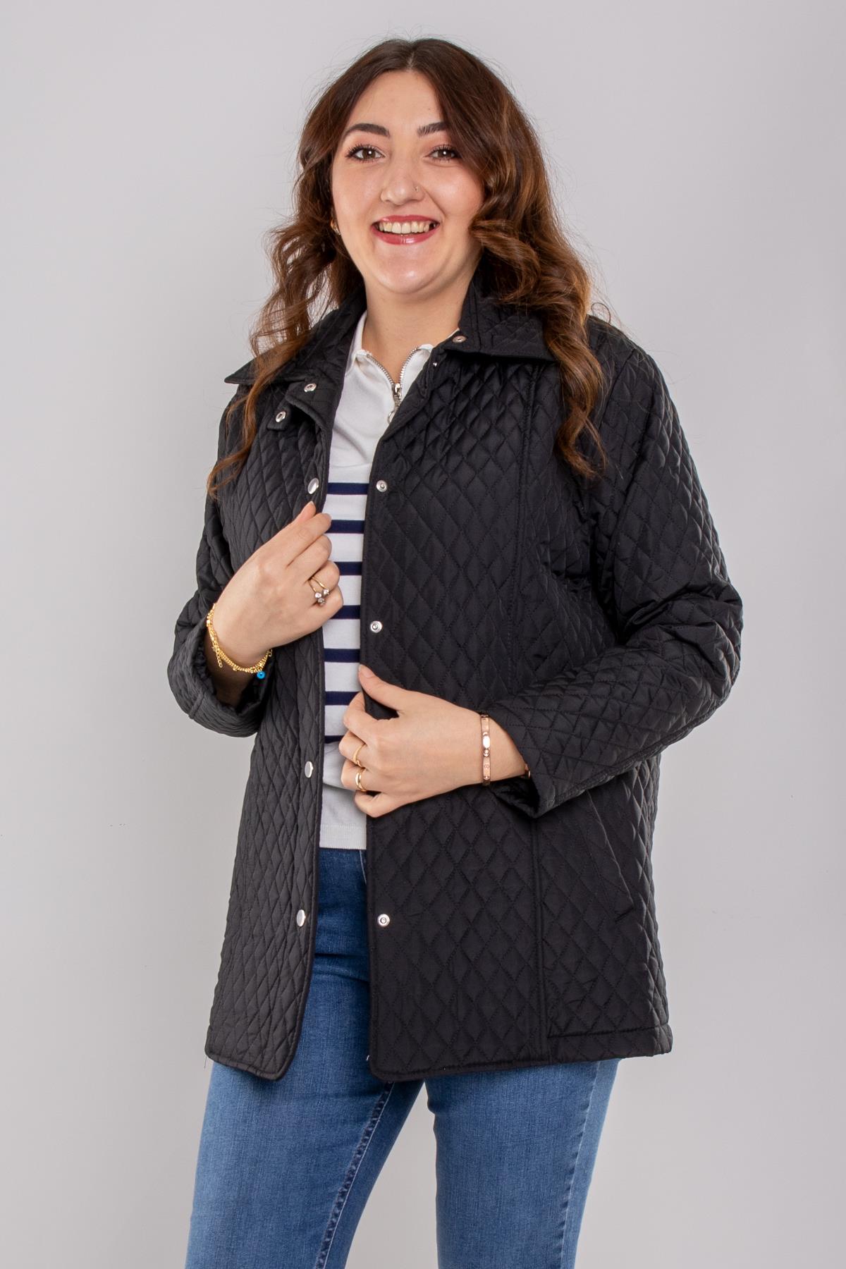 1058 Büyük Beden Mini Baklava Desen Çıtçıtlı Astarlı Kadın Mont