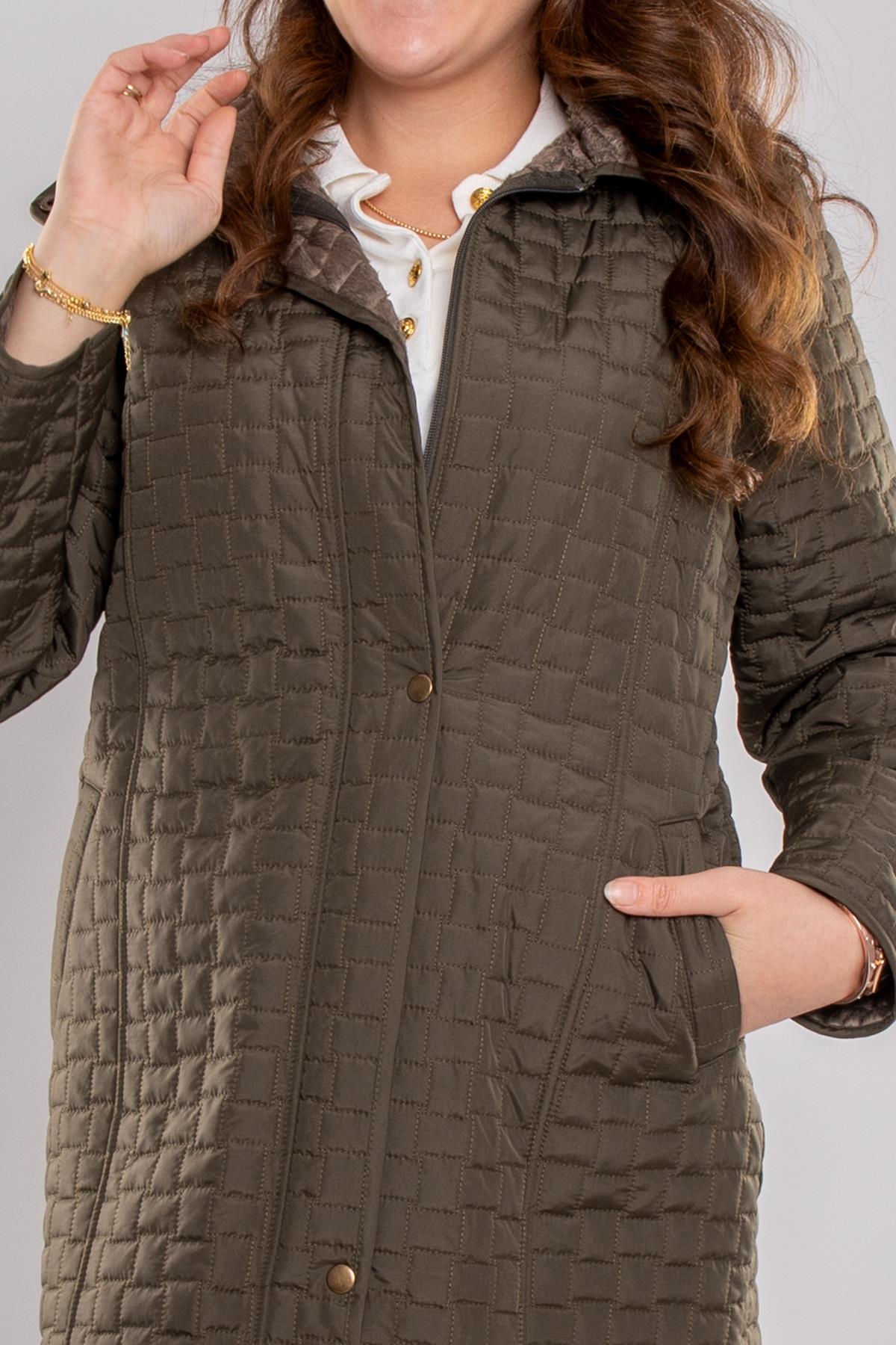 1061 Büyük Beden Kapitone Kapüşonlu İçi Kürklü Mont