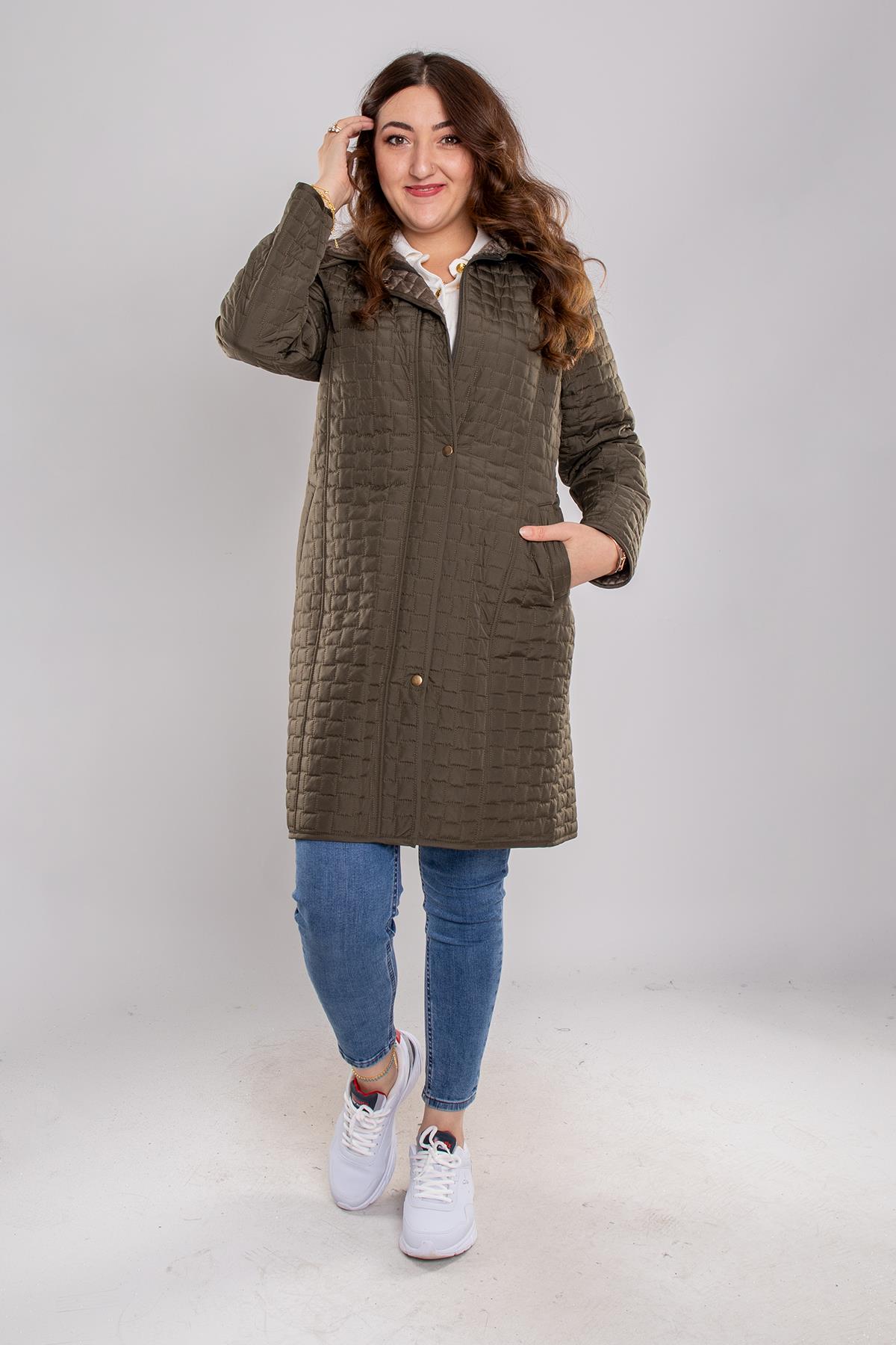 1061 Büyük Beden Kapitone Kapüşonlu İçi Kürklü Mont