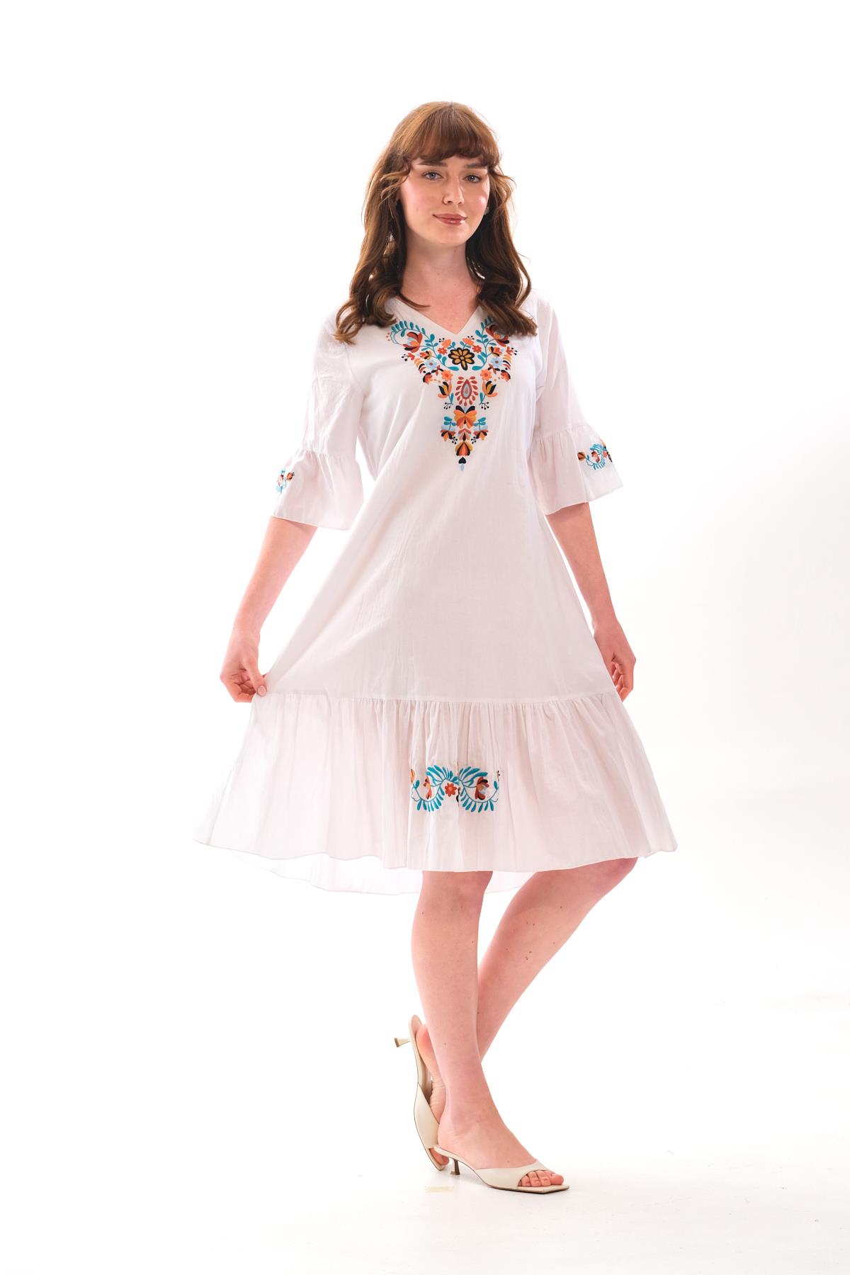 1068 Kol Eteği Valonlu Vyaka Nakışlı Otantik Elbise