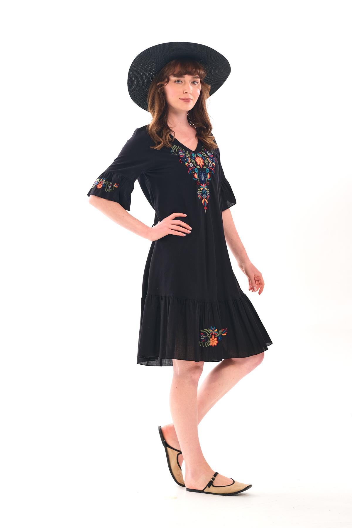 1068 Kol Eteği Valonlu Vyaka Nakışlı Otantik Elbise