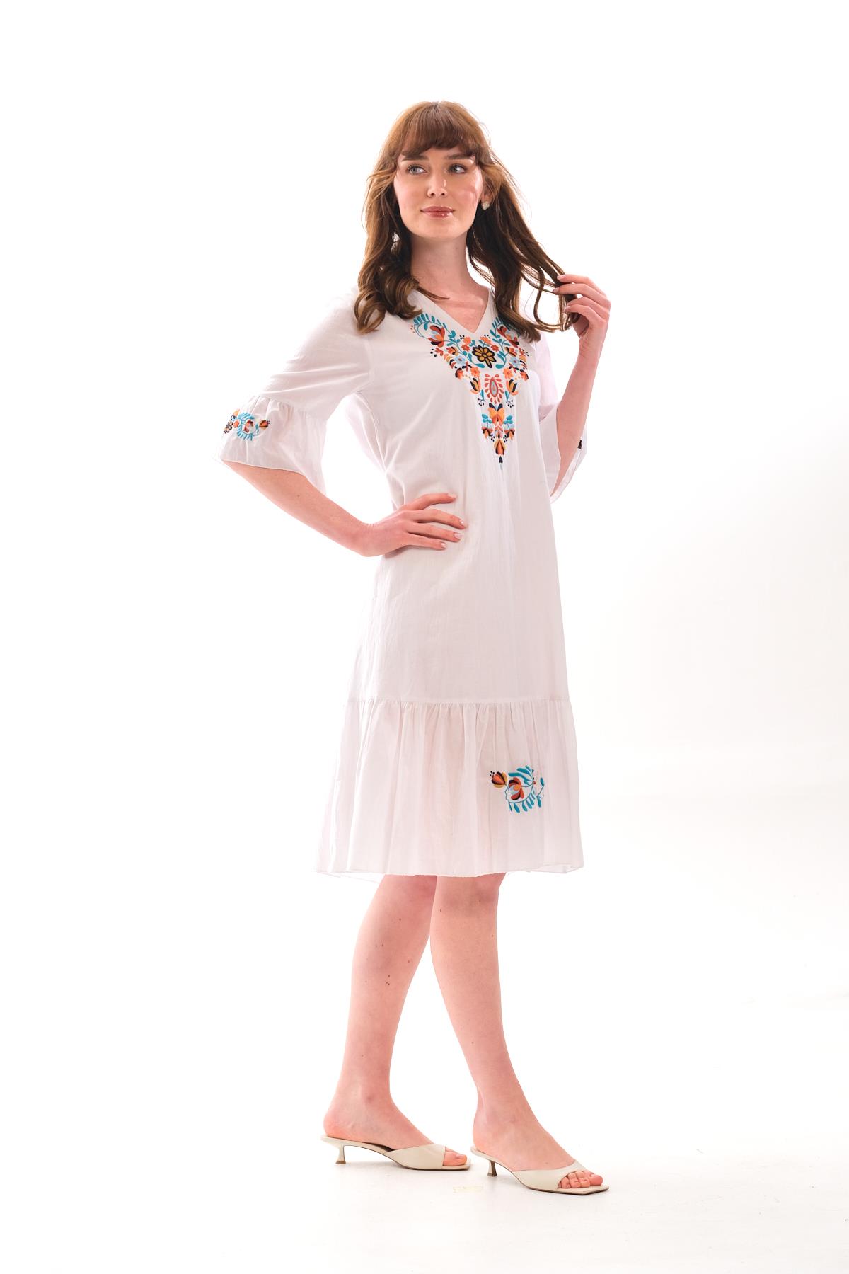 1068 Kol Eteği Valonlu Vyaka Nakışlı Otantik Elbise