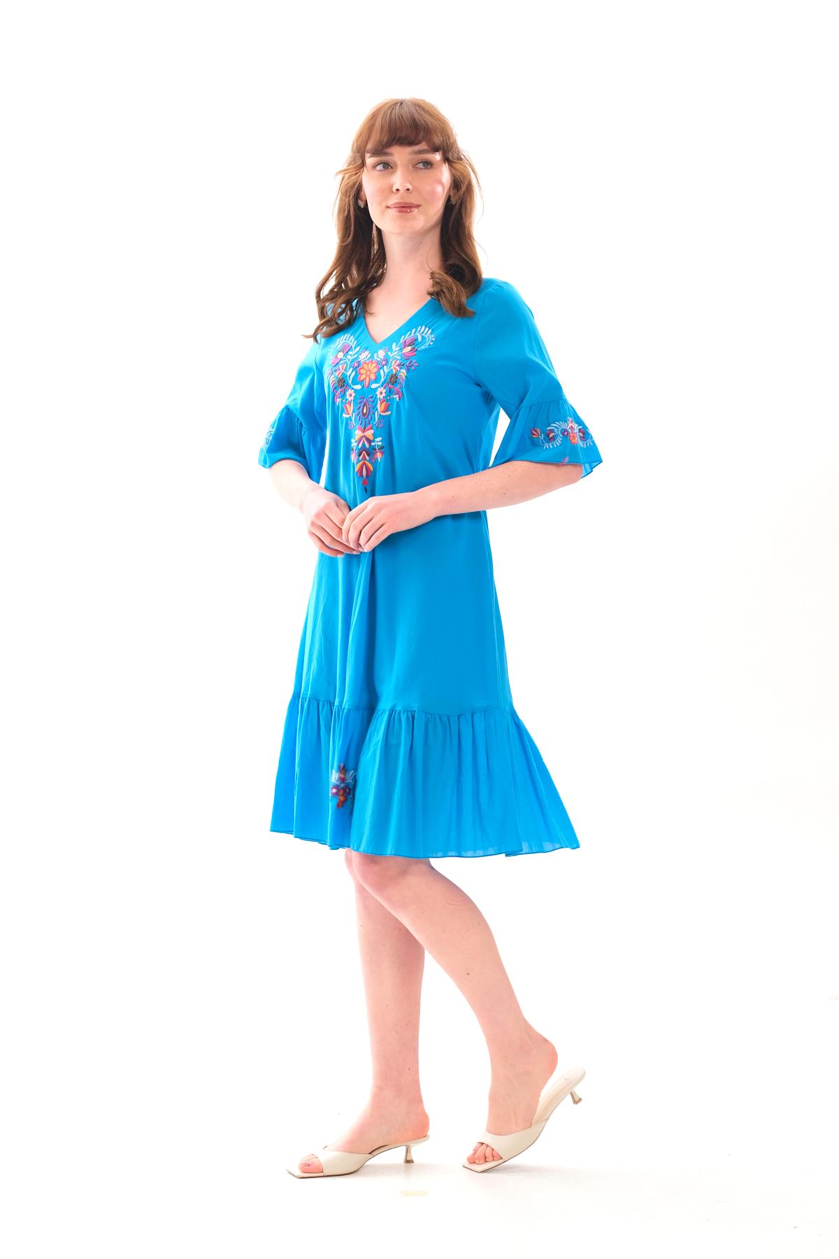 1068 Kol Eteği Valonlu Vyaka Nakışlı Otantik Elbise