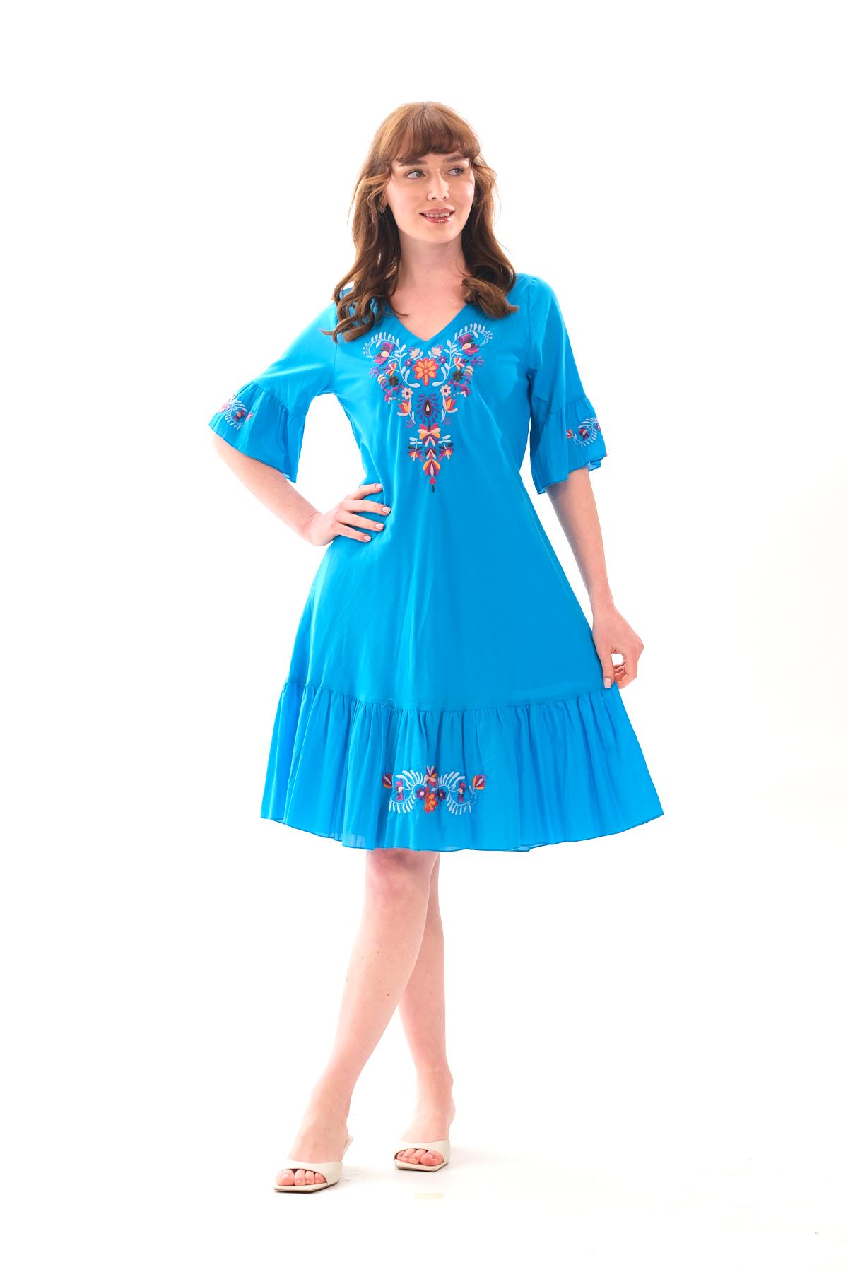 1068 Kol Eteği Valonlu Vyaka Nakışlı Otantik Elbise