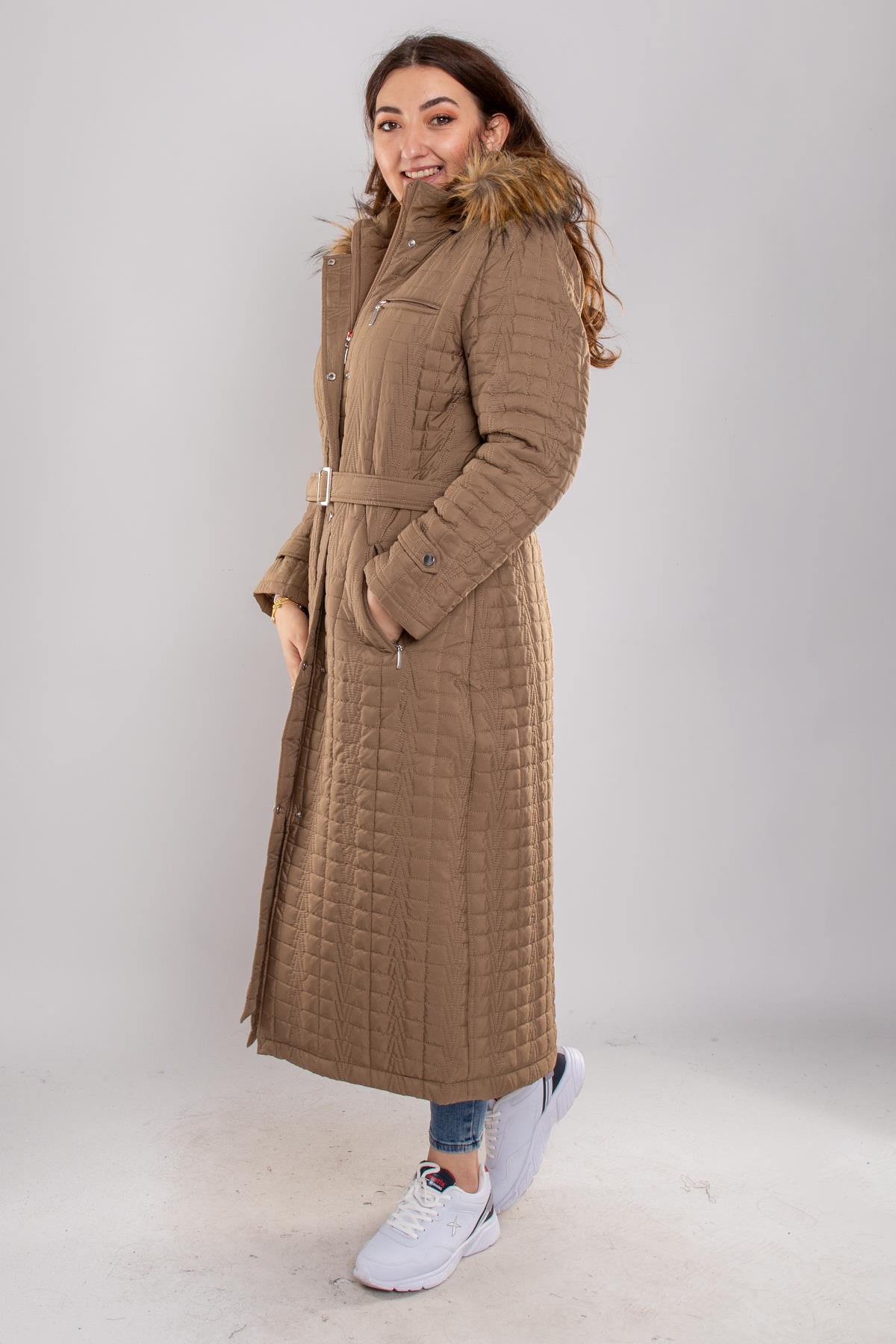 1078 Büyük Beden Kemerli Zigzag Desen Kapüşonlu Uzun Kadın Mont