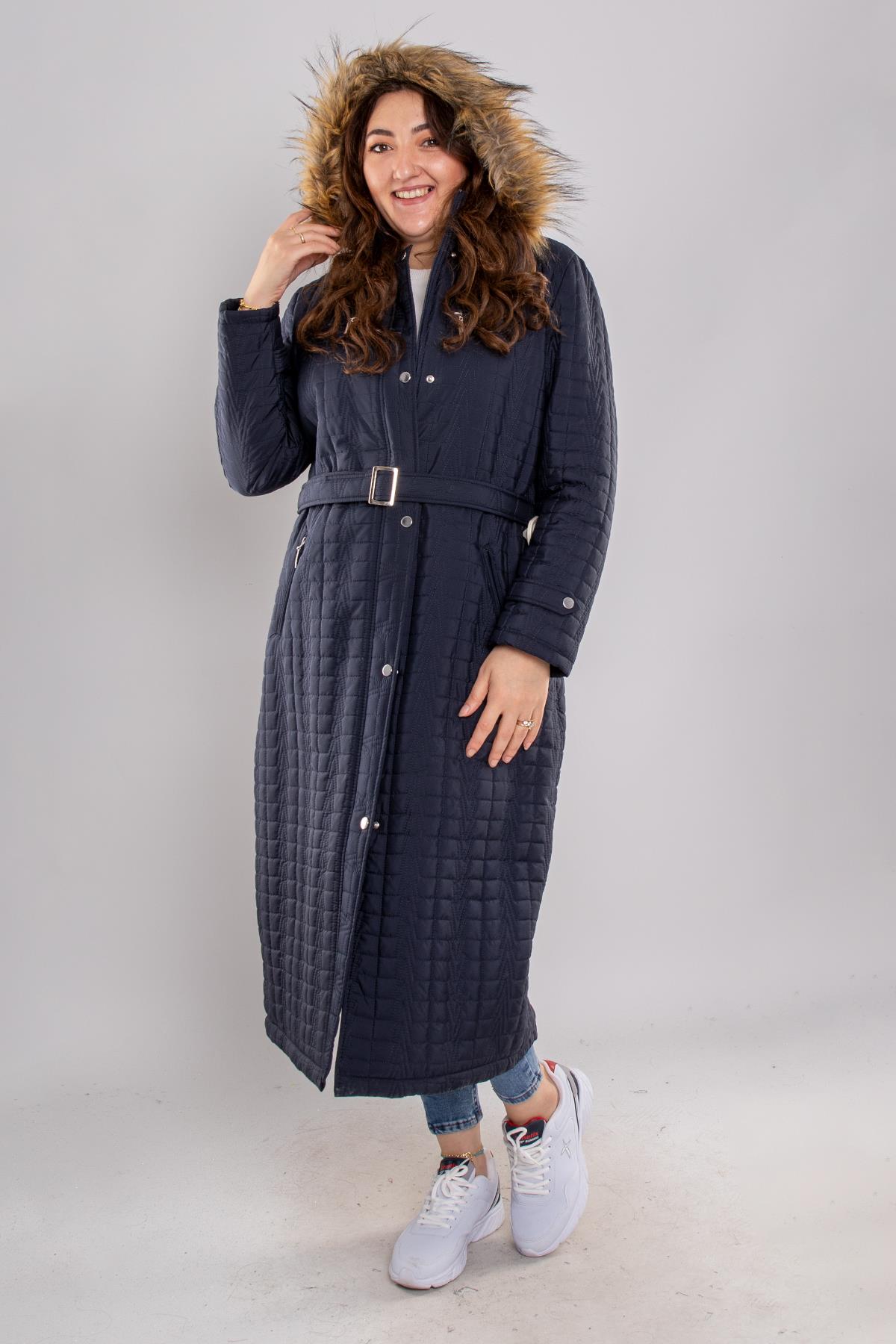 1078 Büyük Beden Kemerli Zigzag Desen Kapüşonlu Uzun Kadın Mont