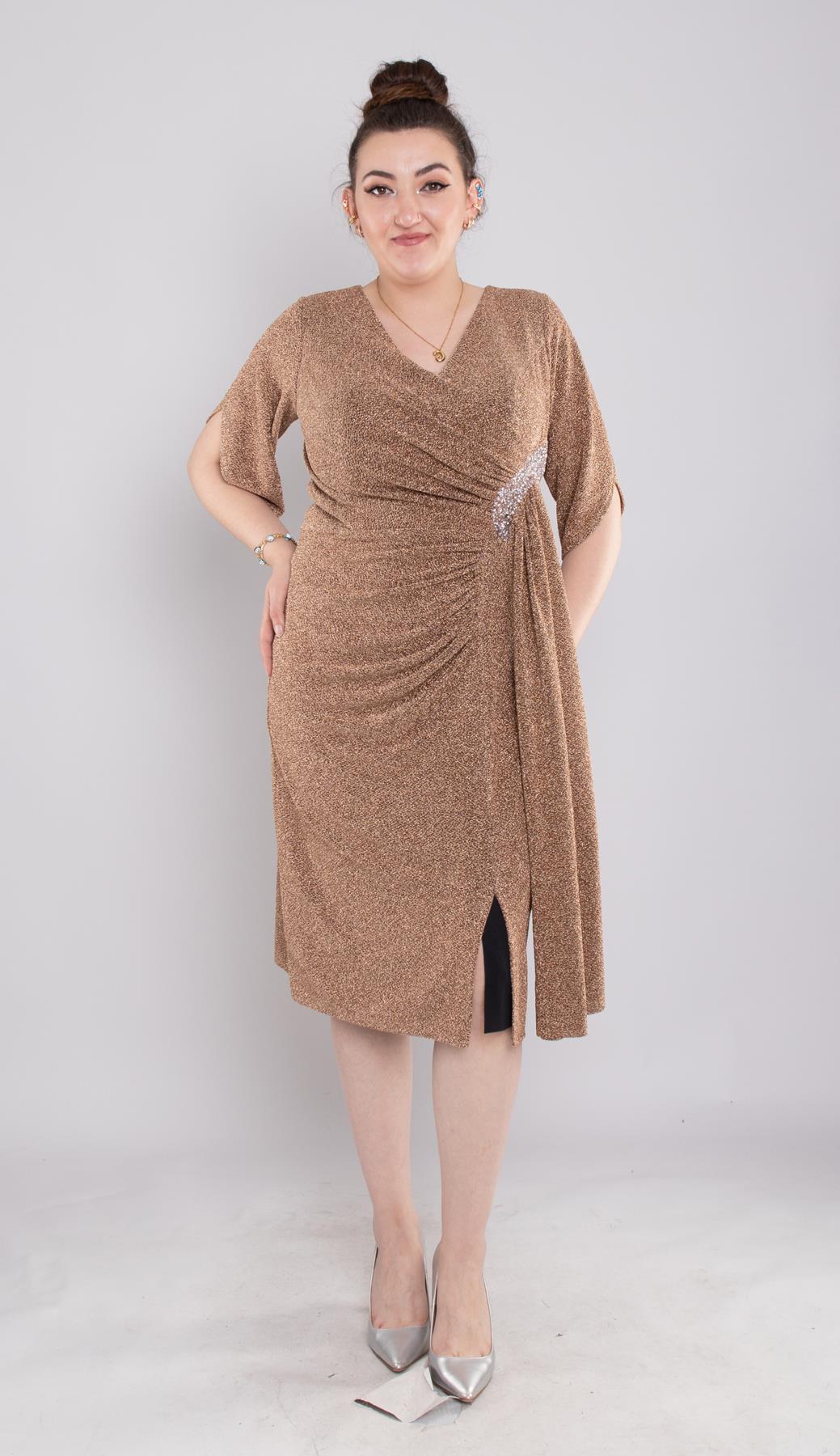 118(102) Büyük Beden Simli Yanı Sudamla Tokalı Kısa Elbise