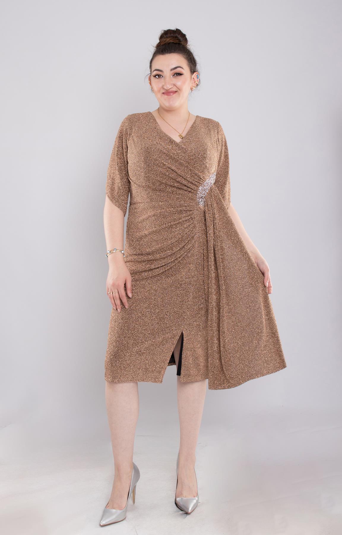 118(102) Büyük Beden Simli Yanı Sudamla Tokalı Kısa Elbise