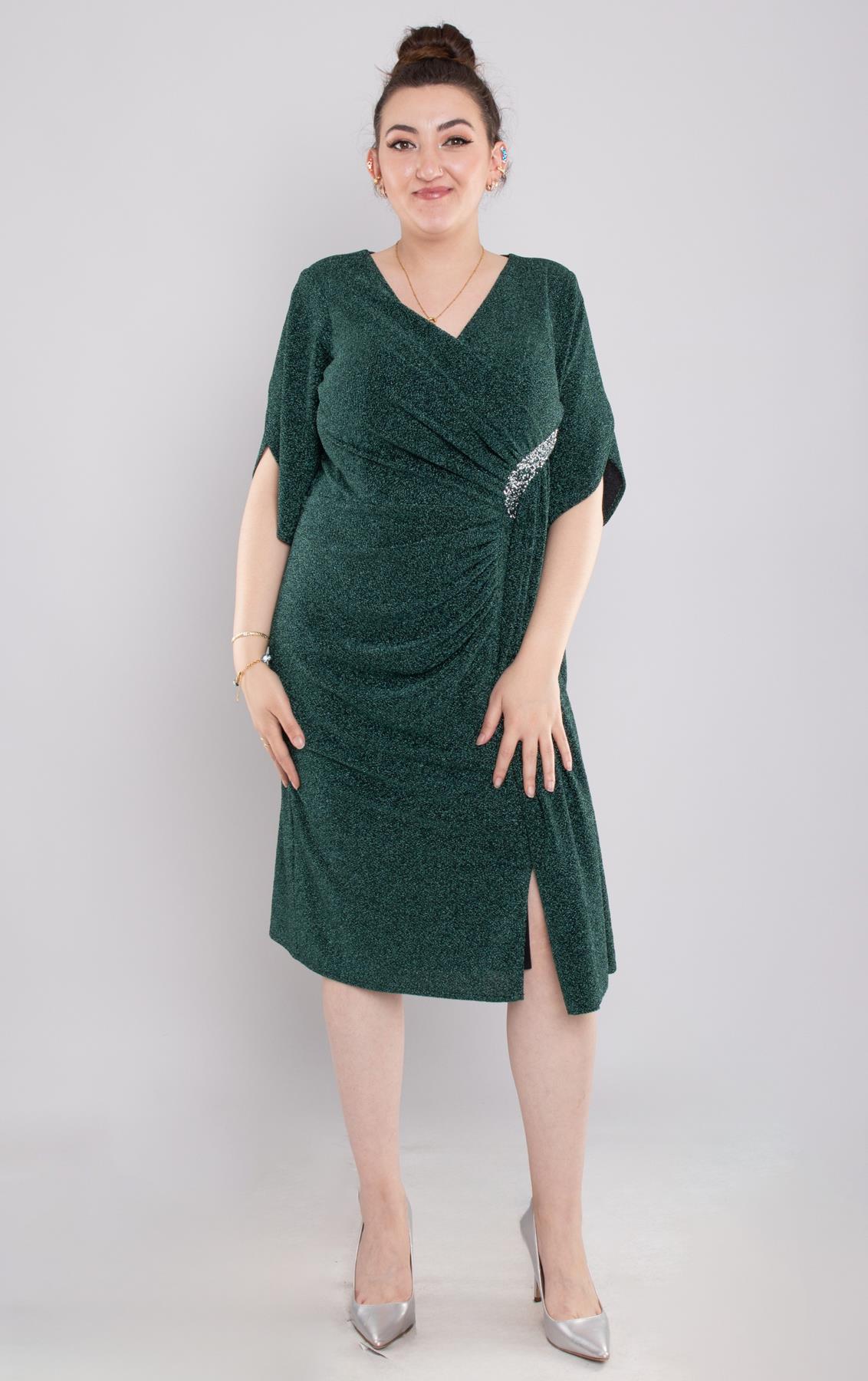 118(102) Büyük Beden Simli Yanı Sudamla Tokalı Kısa Elbise