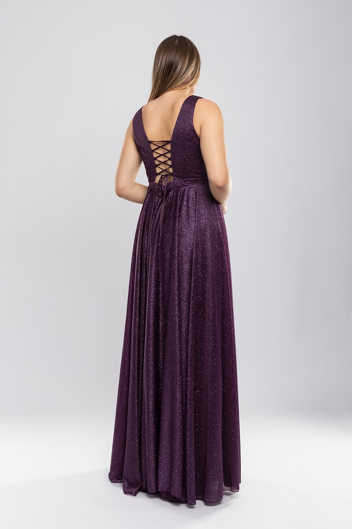 1182 BB Kendinden Simli Önü Yırtmaçlı Tül Elbise