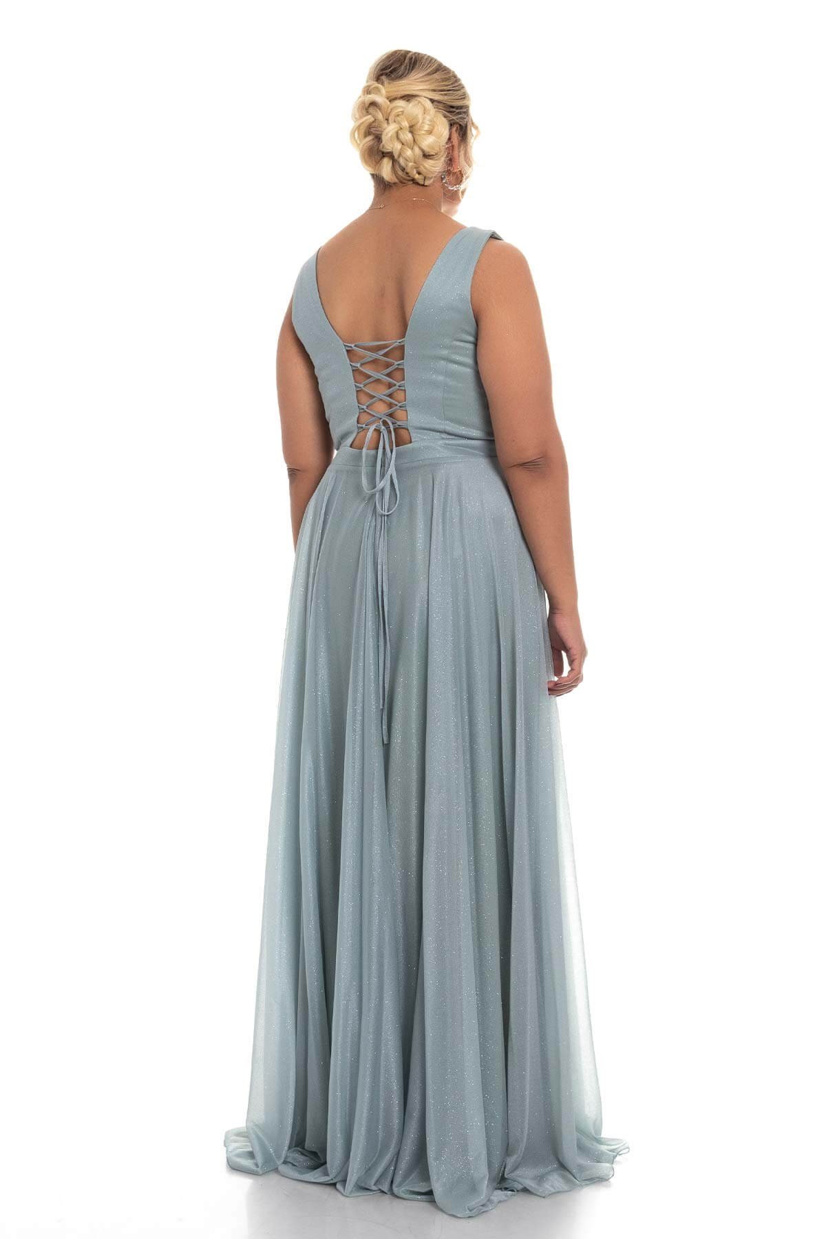 1182 BB Kendinden Simli Önü Yırtmaçlı Tül Elbise