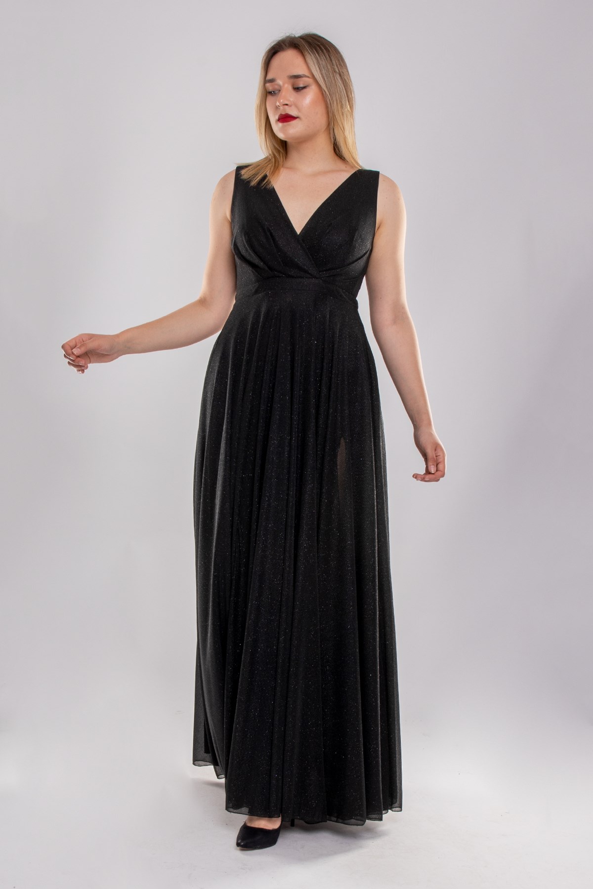 1182 Büyük Beden Kendinden Simli Önü Yırtmaçlı Tül Elbise