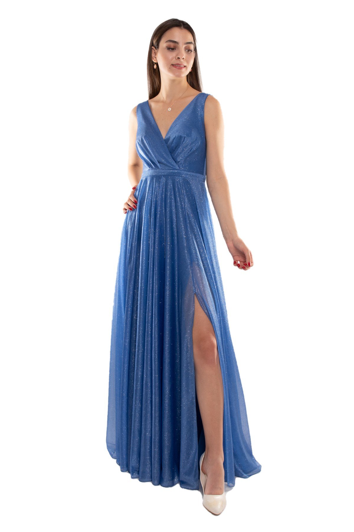 1182 KB Kendinden Simli Önü Yırtmaçlı Tül Elbise