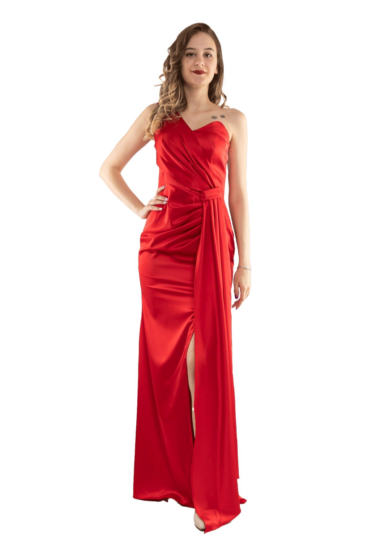 1193 Tek Omuz Şal Detay Yanı Drape Uzun Saten Elbise