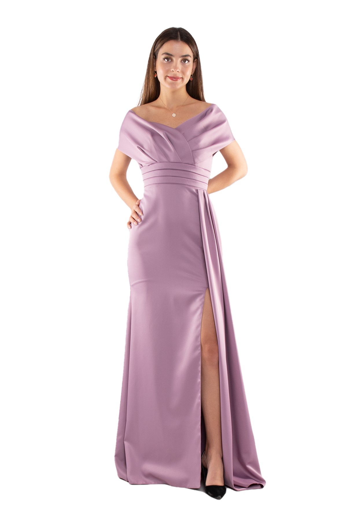 1195 Beli Drape Kayık Yaka Yanı Kuyruklu Uzun Saten Elbise