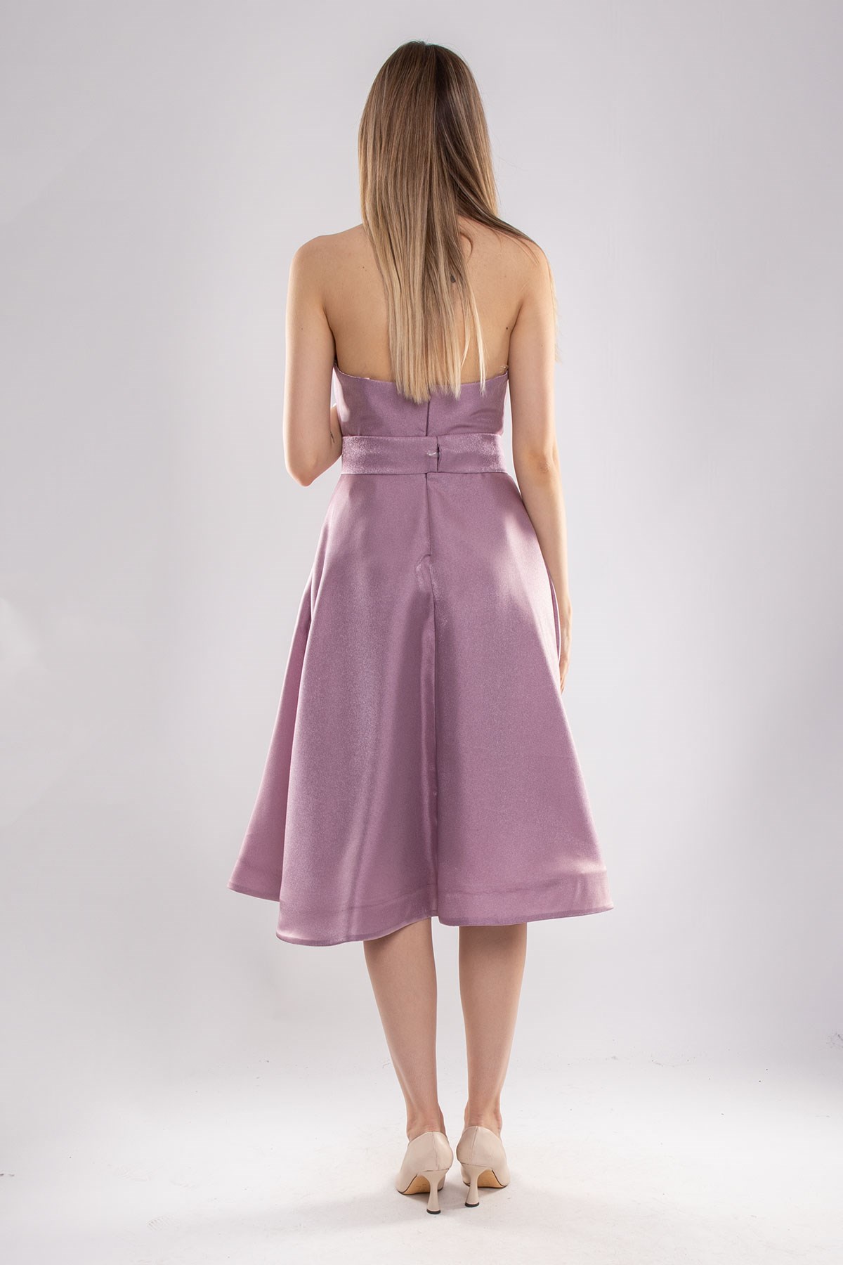 1211 Straplez Kemerli Ve Cepli Çan Etek Jakar Midiboy Elbise