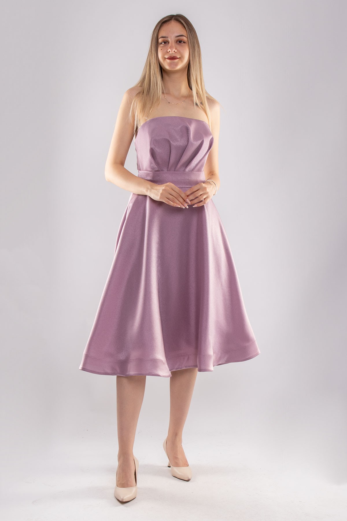 1211 Straplez Kemerli Ve Cepli Çan Etek Jakar Midiboy Elbise