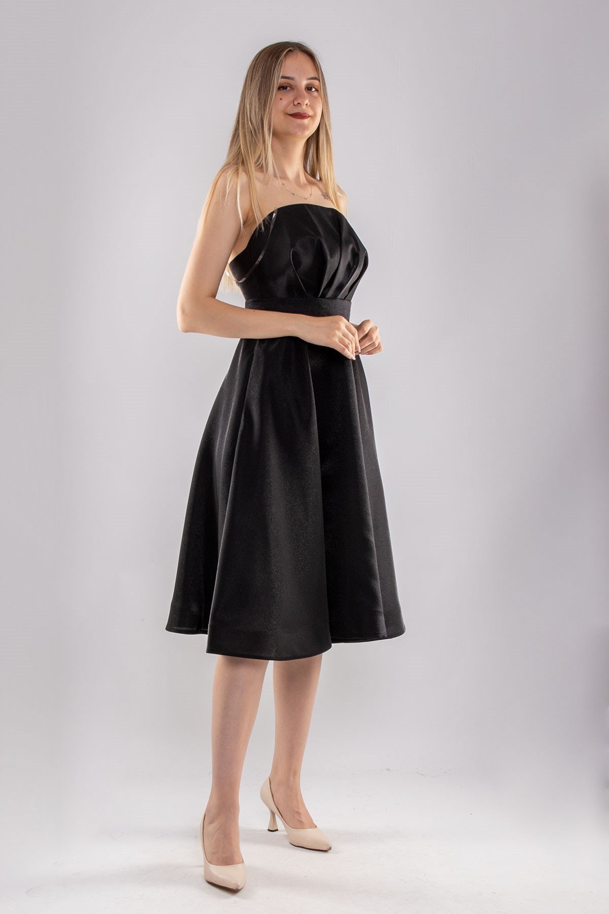 1211 Straplez Kemerli Ve Cepli Çan Etek Jakar Midiboy Elbise