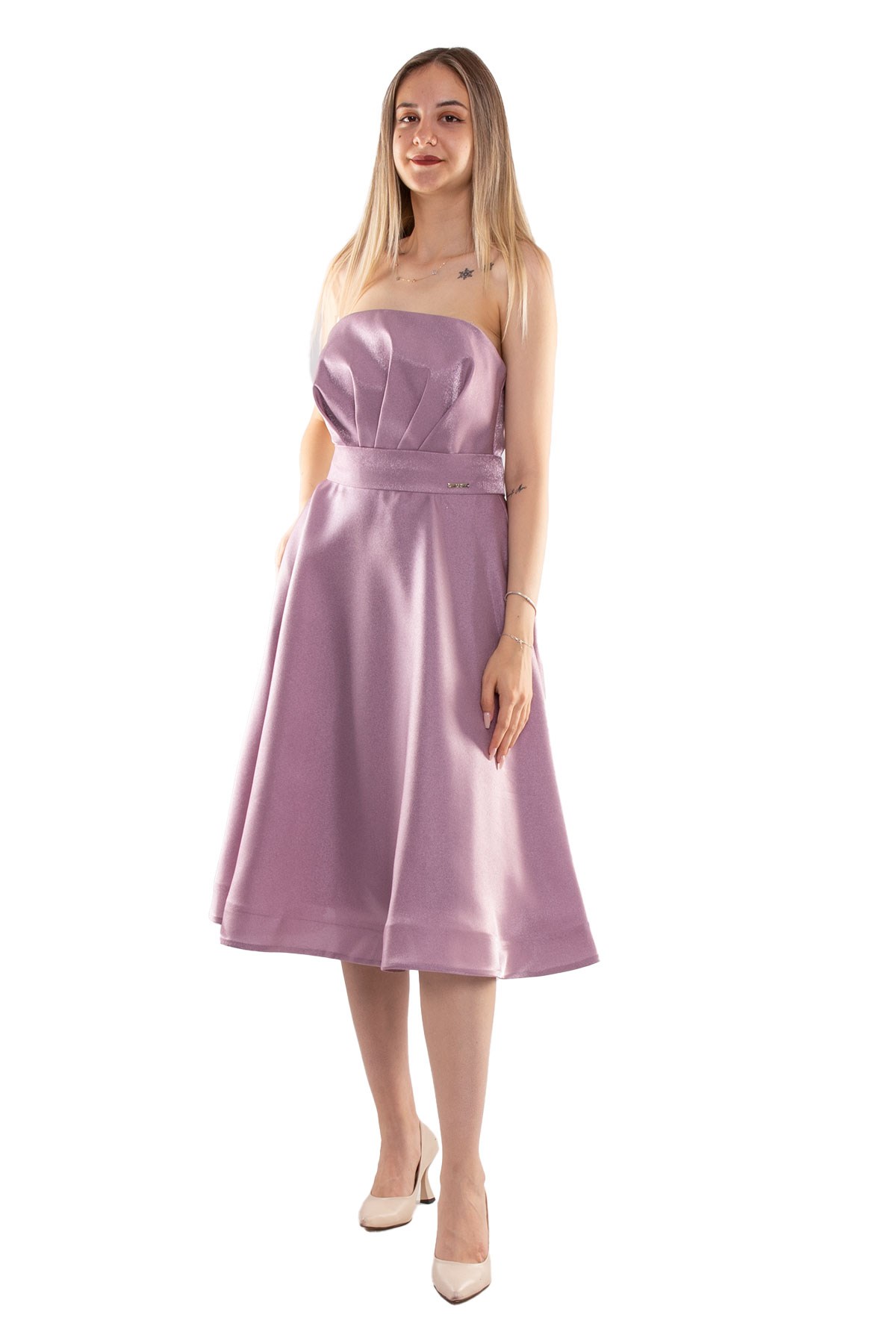 1211 Straplez Kemerli Ve Cepli Çan Etek Jakar Midiboy Elbise