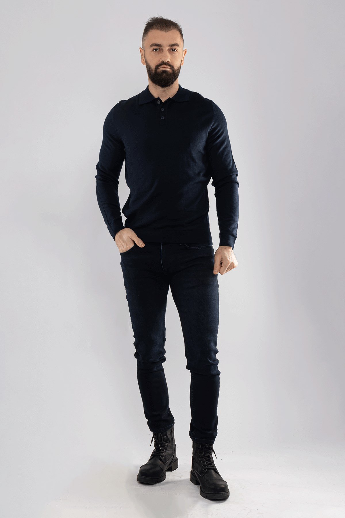 12120 Polo Yaka Düğmeli Triko Kazak