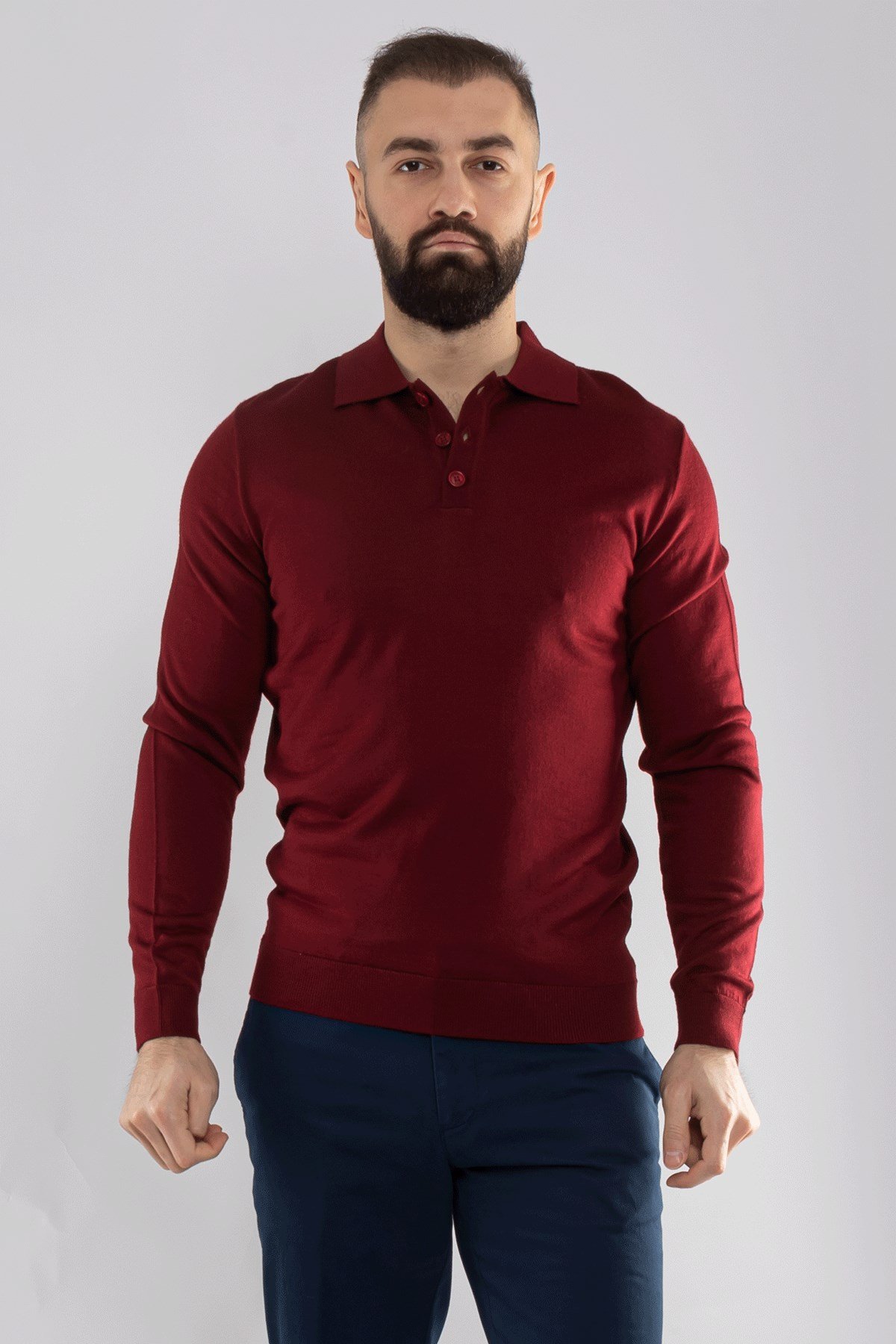 12120 Polo Yaka Düğmeli Triko Kazak