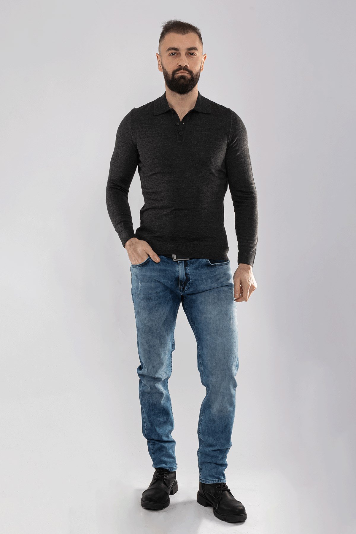 12120 Polo Yaka Düğmeli Triko Kazak