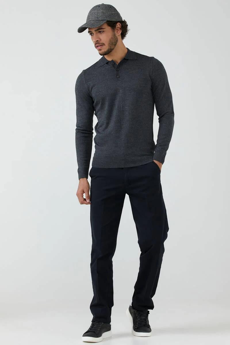 12120 Polo Yaka Düğmeli Triko Kazak