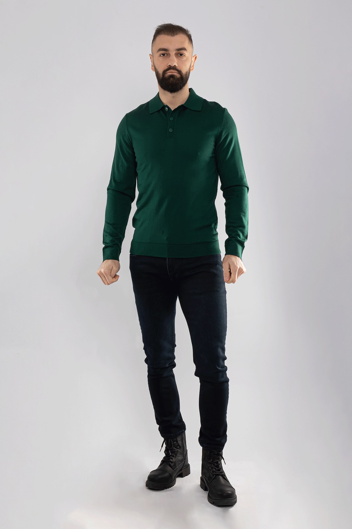 12120 Polo Yaka Düğmeli Triko Kazak