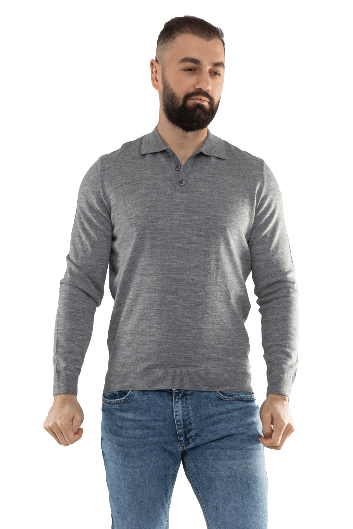 12120 Polo Yaka Düğmeli Triko Kazak