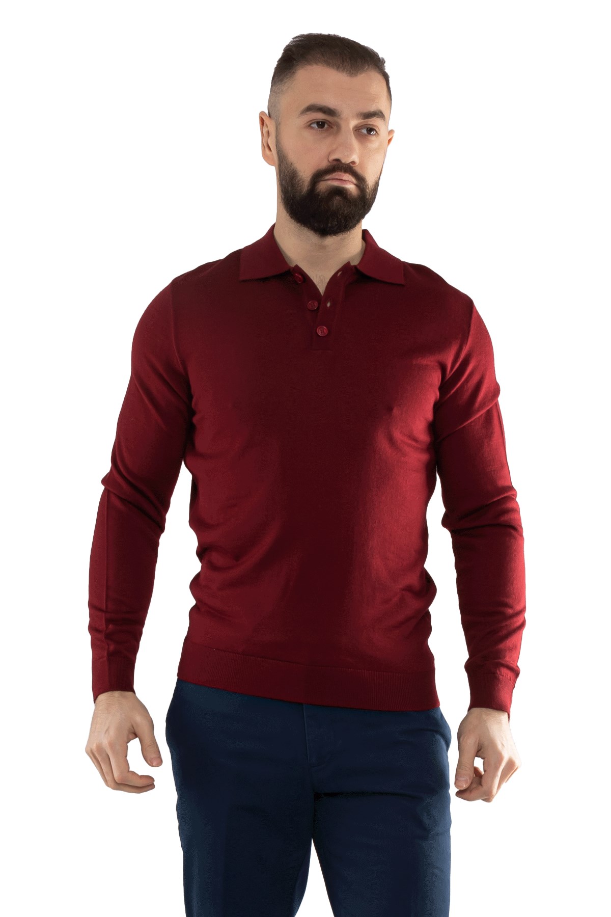 12120 Polo Yaka Düğmeli Triko Kazak