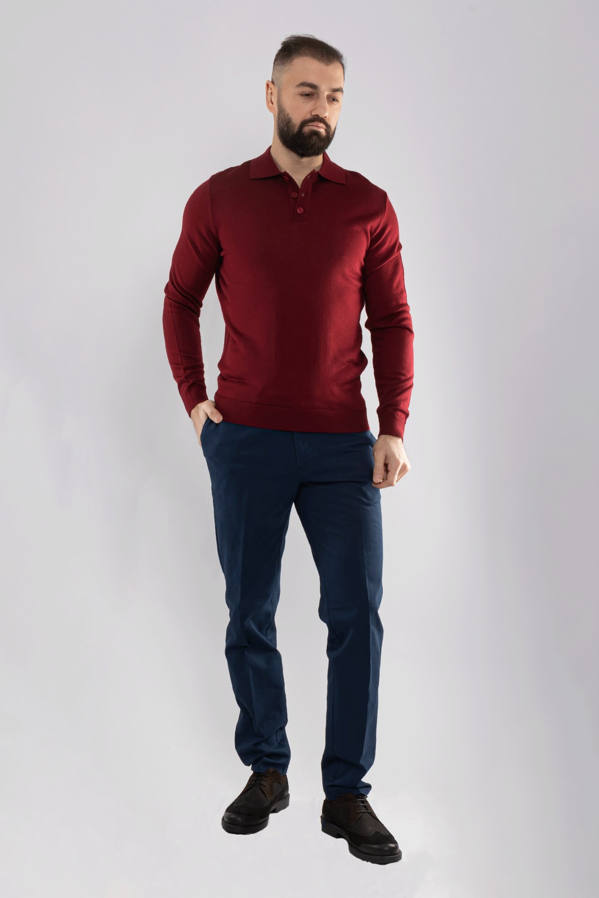 12120 Polo Yaka Düğmeli Triko Kazak