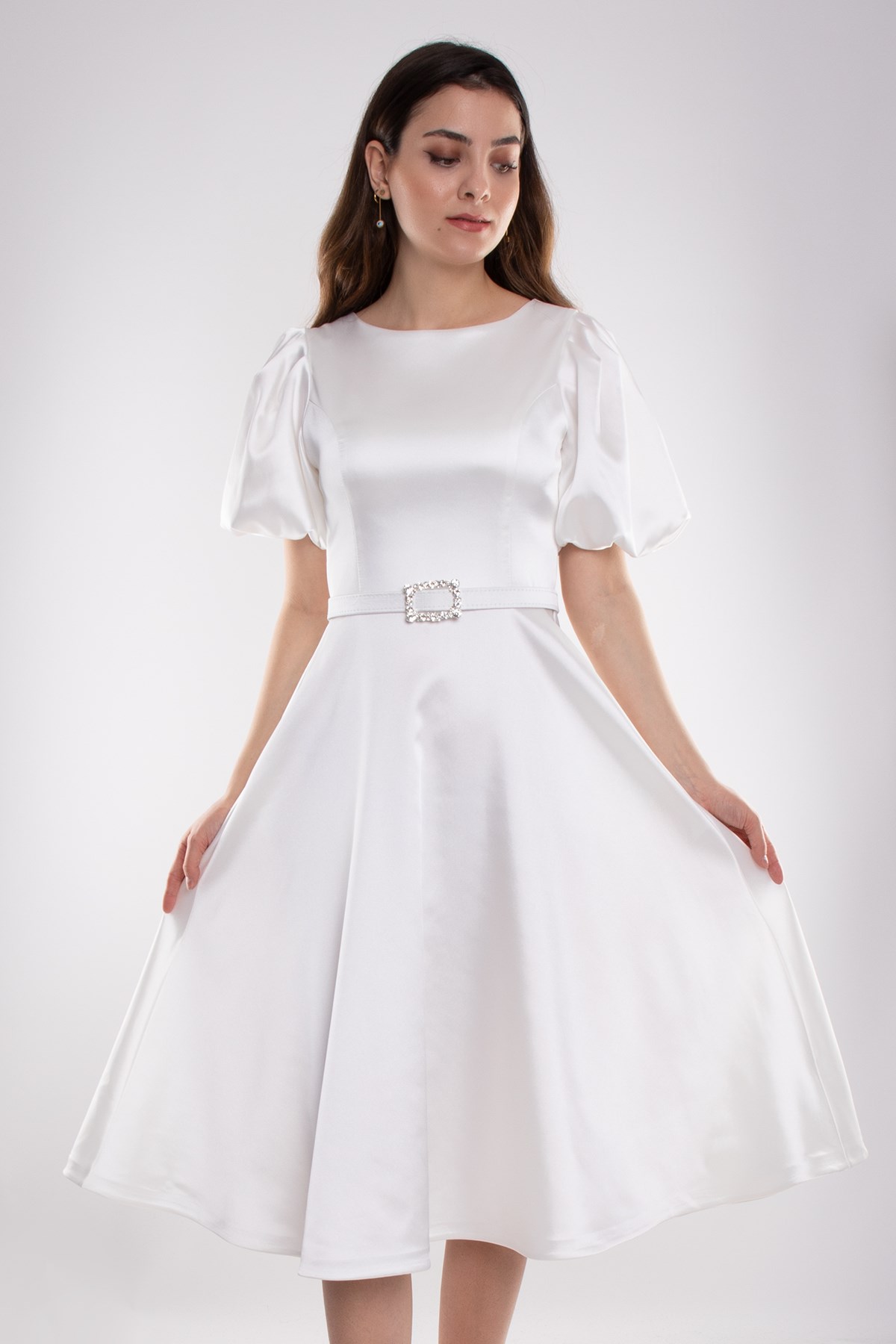 1232 Balon Kol Kloş Etek Kemerli Midiboy Abiye Elbise