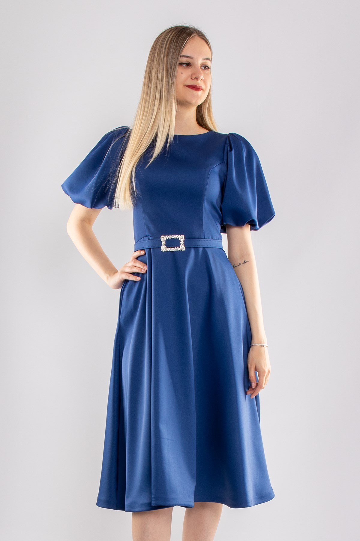 1232 Balon Kol Kloş Etek Kemerli Midiboy Abiye Elbise