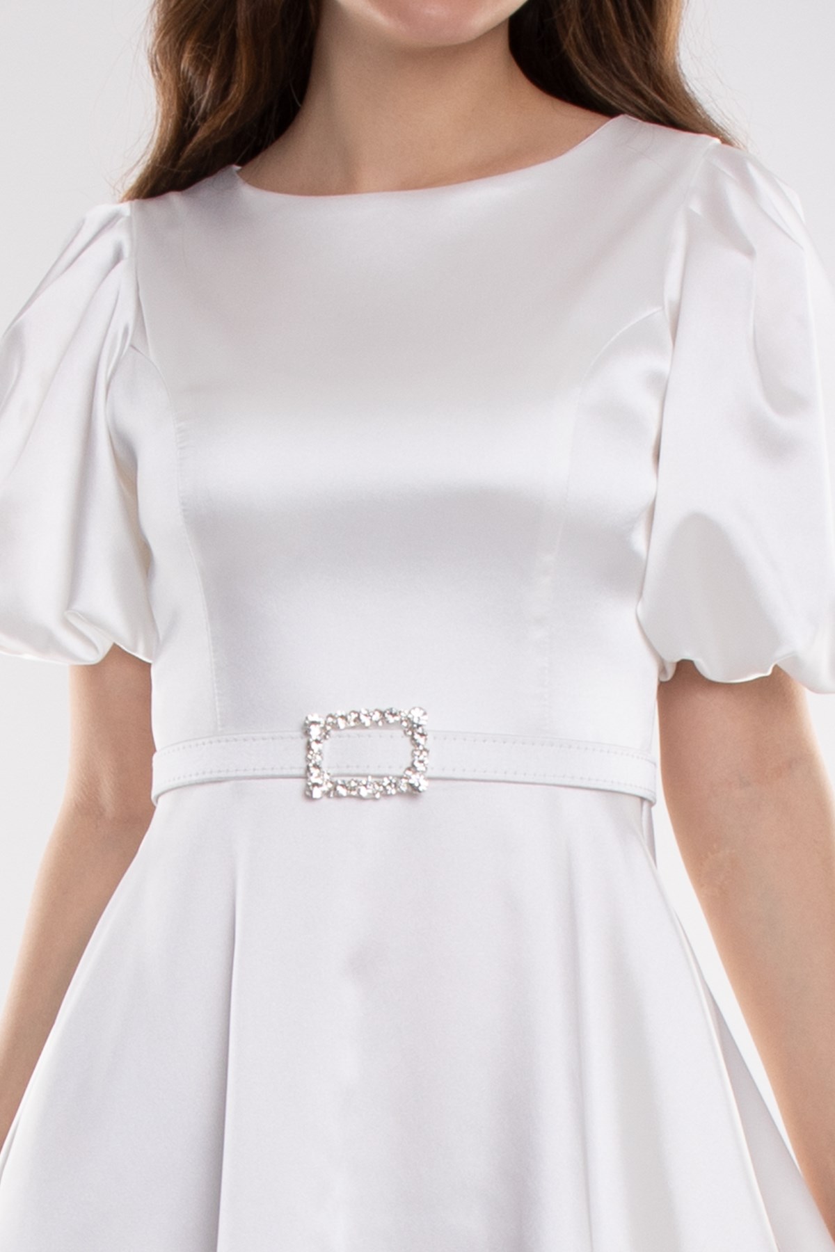 1232 Balon Kol Kloş Etek Kemerli Midiboy Abiye Elbise