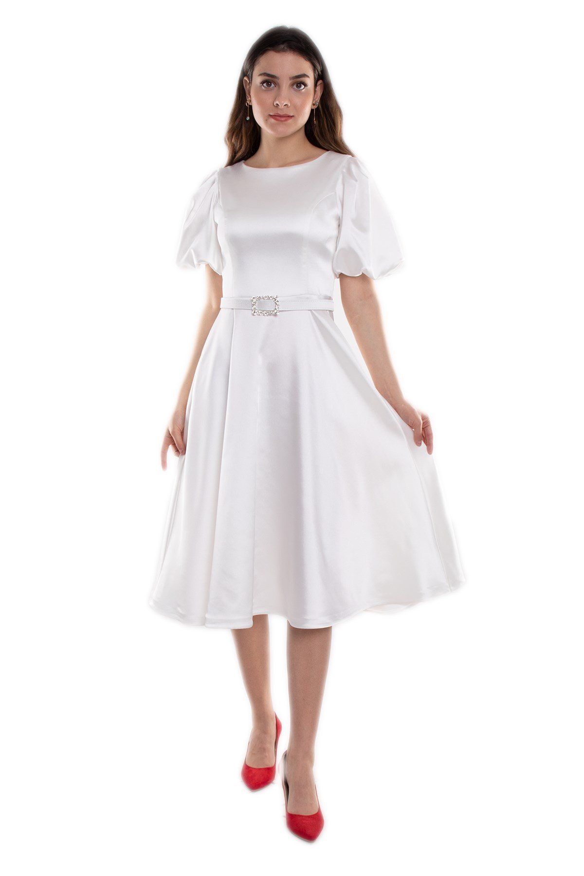 1232 Balon Kol Kloş Etek Kemerli Midiboy Abiye Elbise