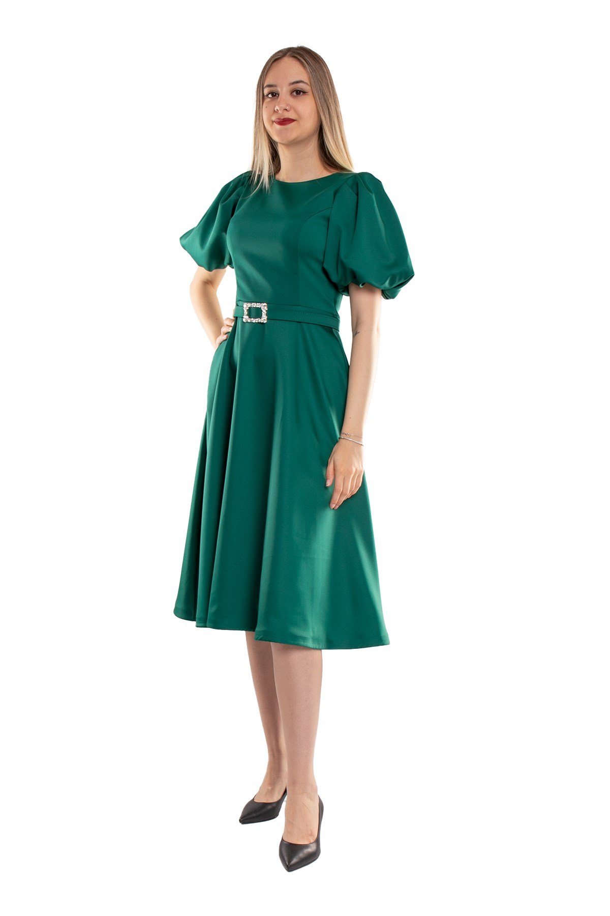 1232 Balon Kol Kloş Etek Kemerli Midiboy Abiye Elbise