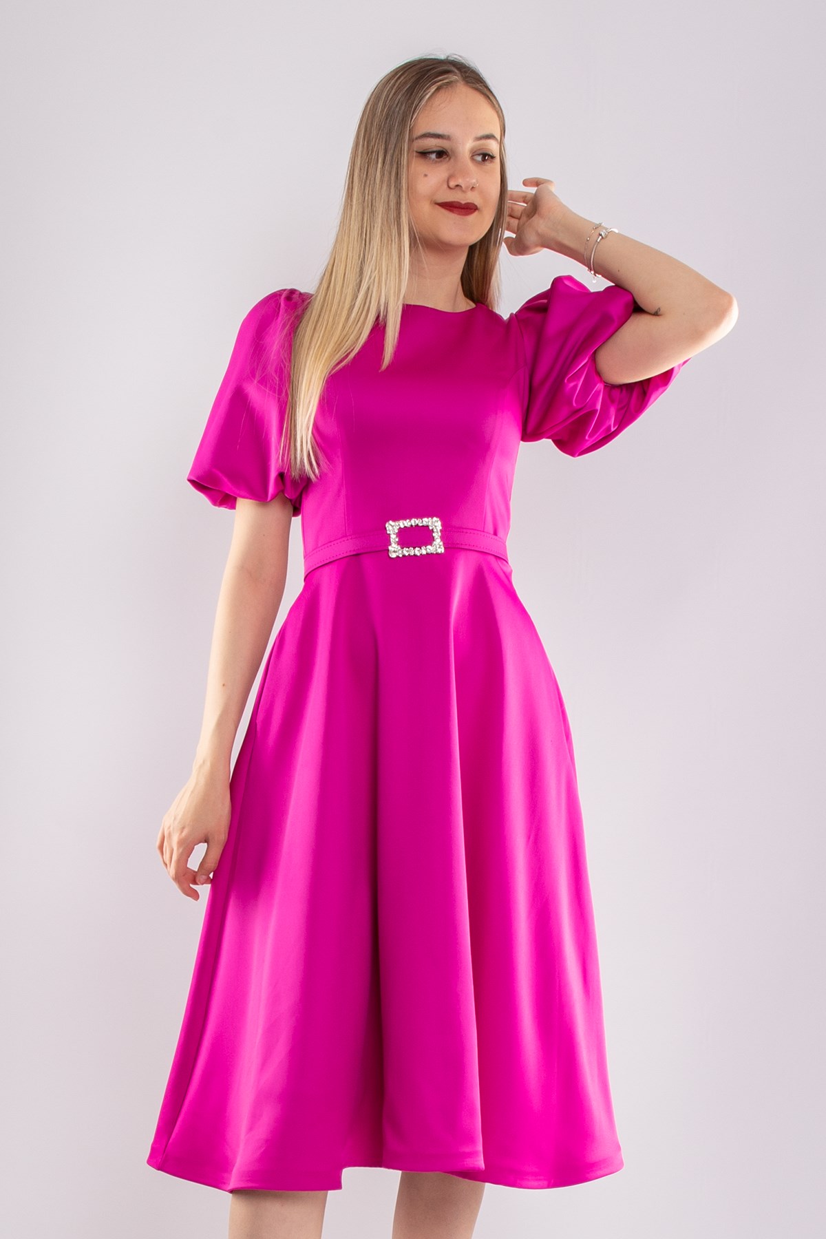 1232 Balon Kol Kloş Etek Kemerli Midiboy Abiye Elbise