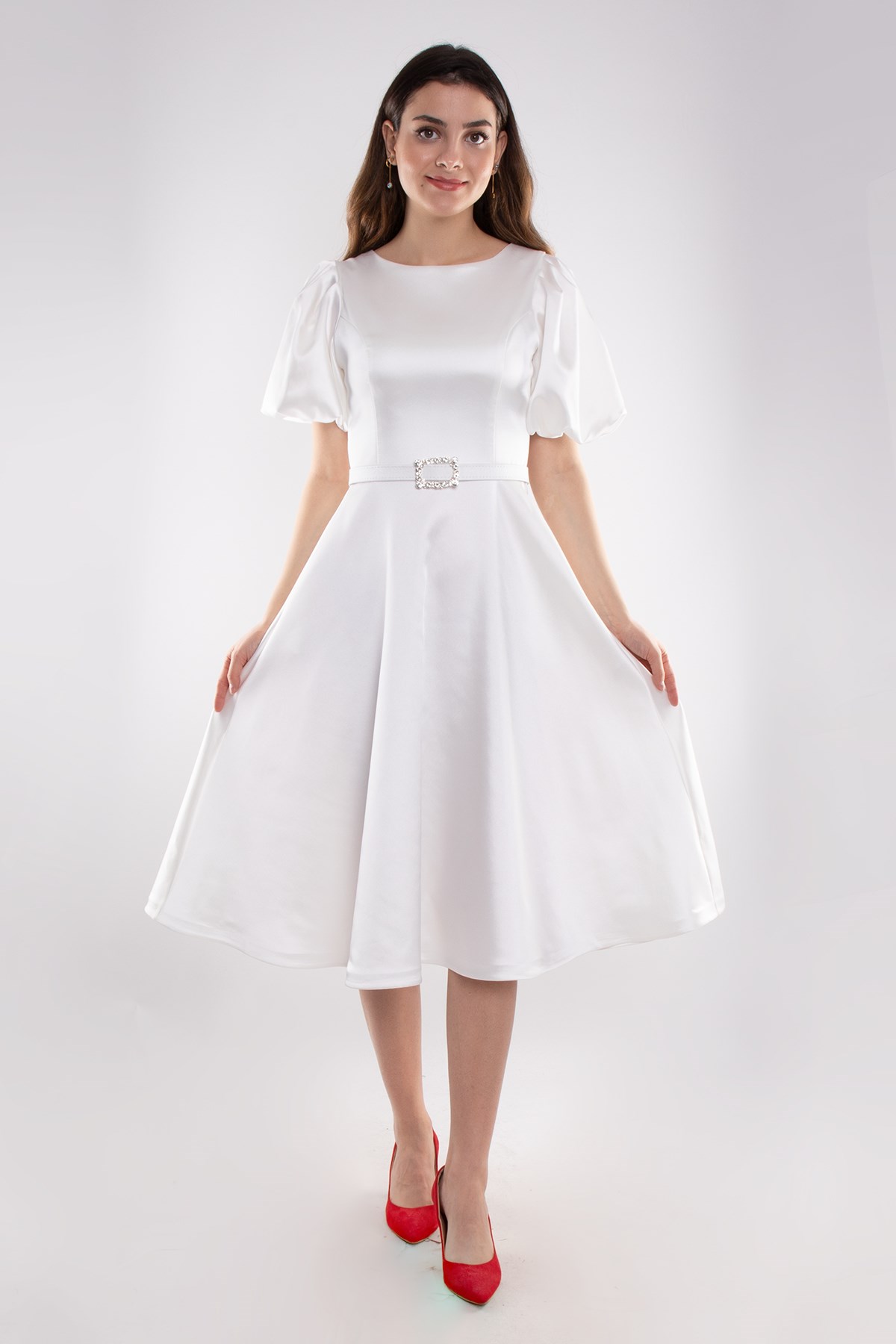 1232 Balon Kol Kloş Etek Kemerli Midiboy Abiye Elbise